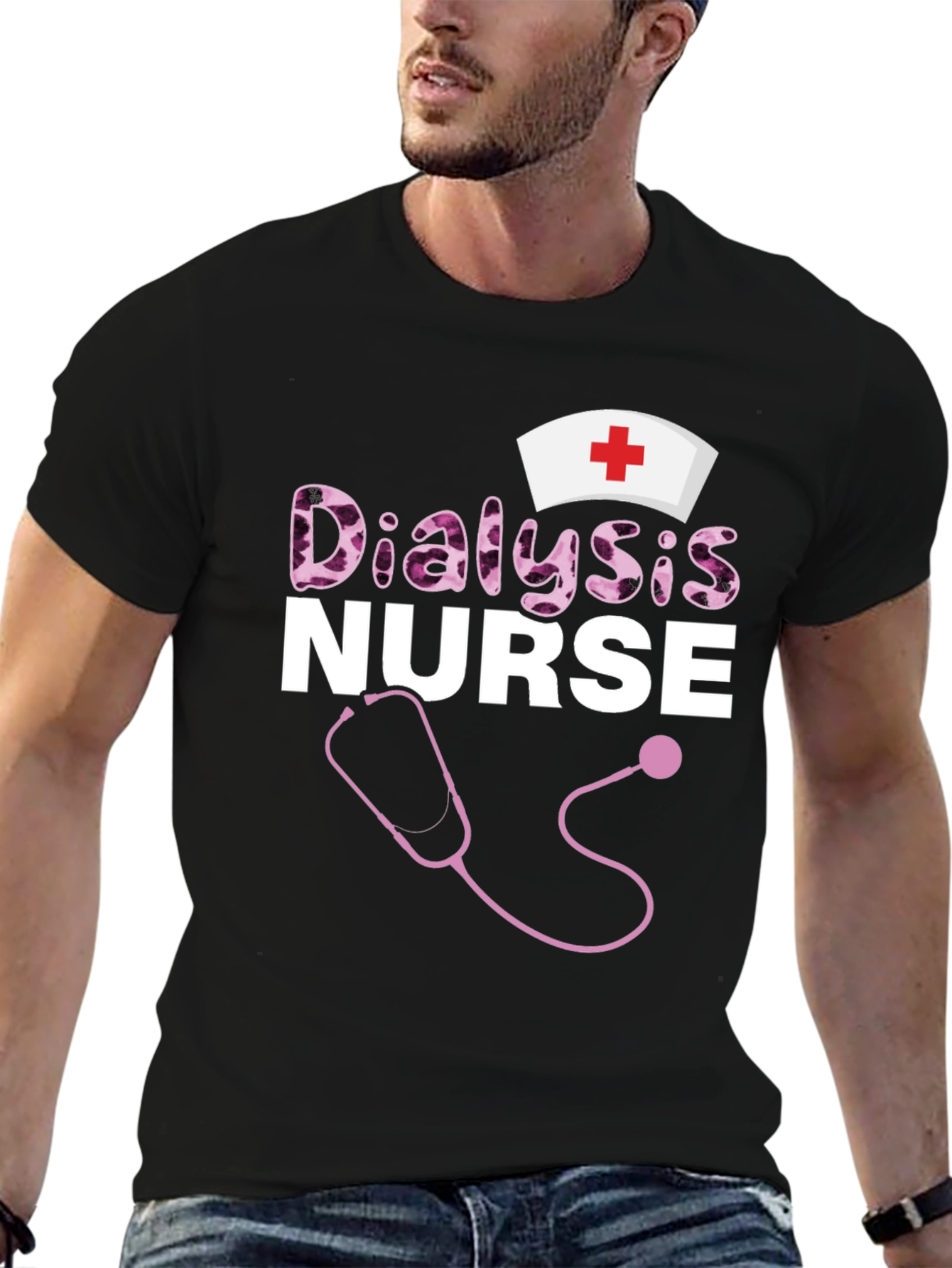 Dialysis Nurse T-Shirt - Stethoscope and Nurse Cap Design