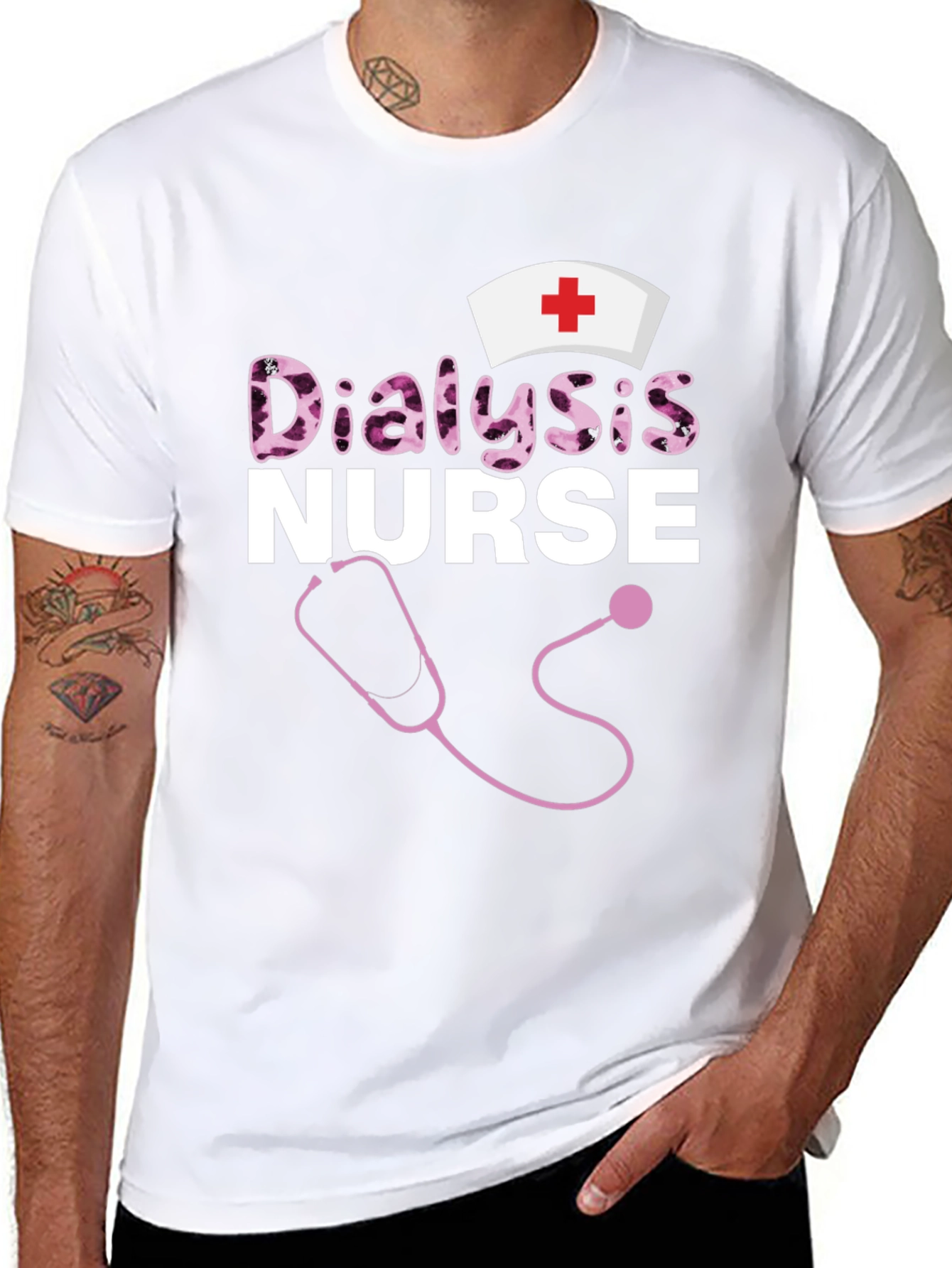Dialysis Nurse T-Shirt - Stethoscope and Nurse Cap Design