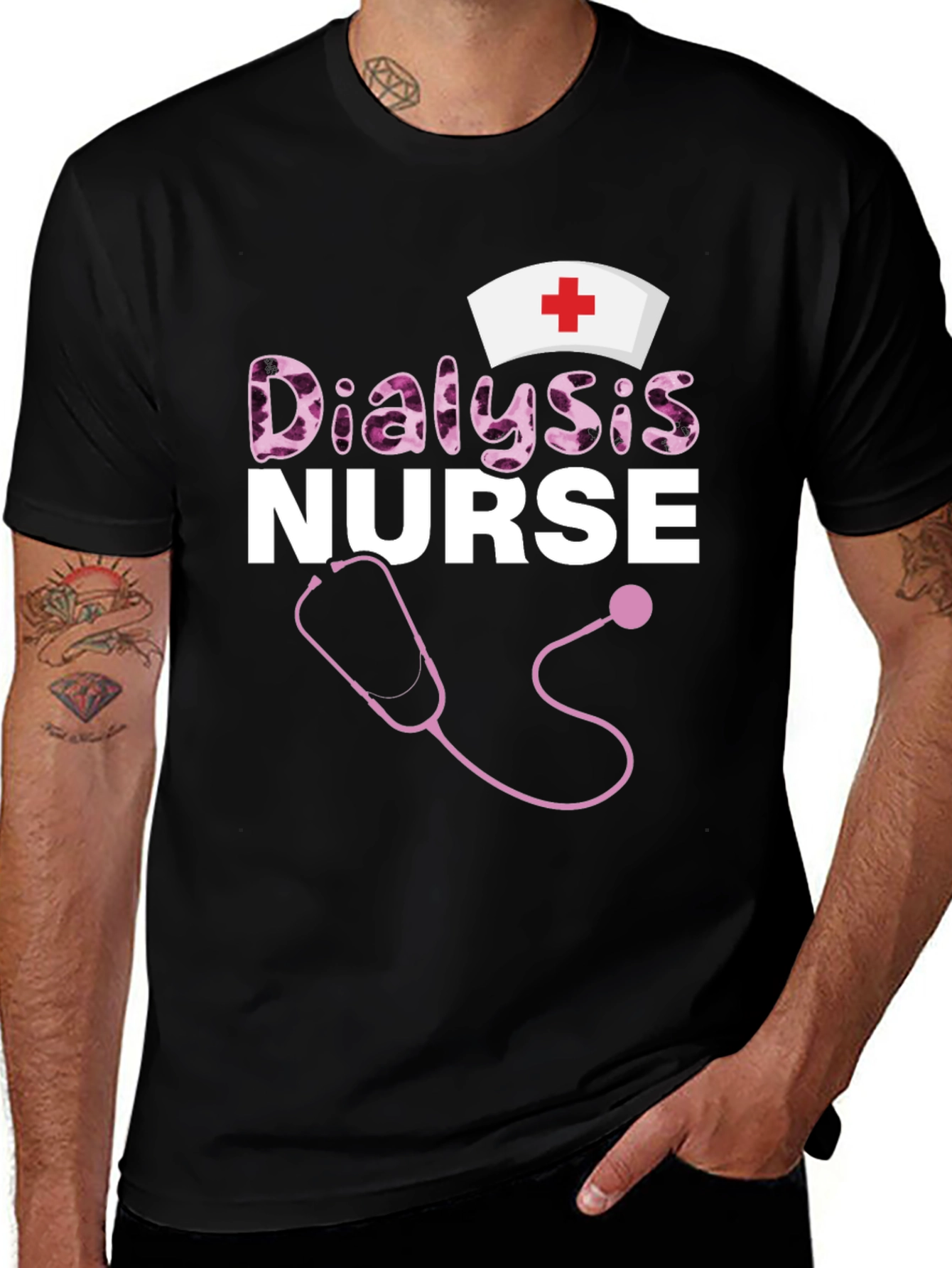Dialysis Nurse T-Shirt - Stethoscope and Nurse Cap Design