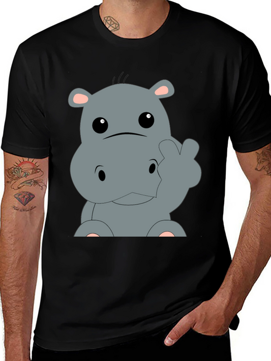 Cute Hippo Cartoon Graphic Tee - Black