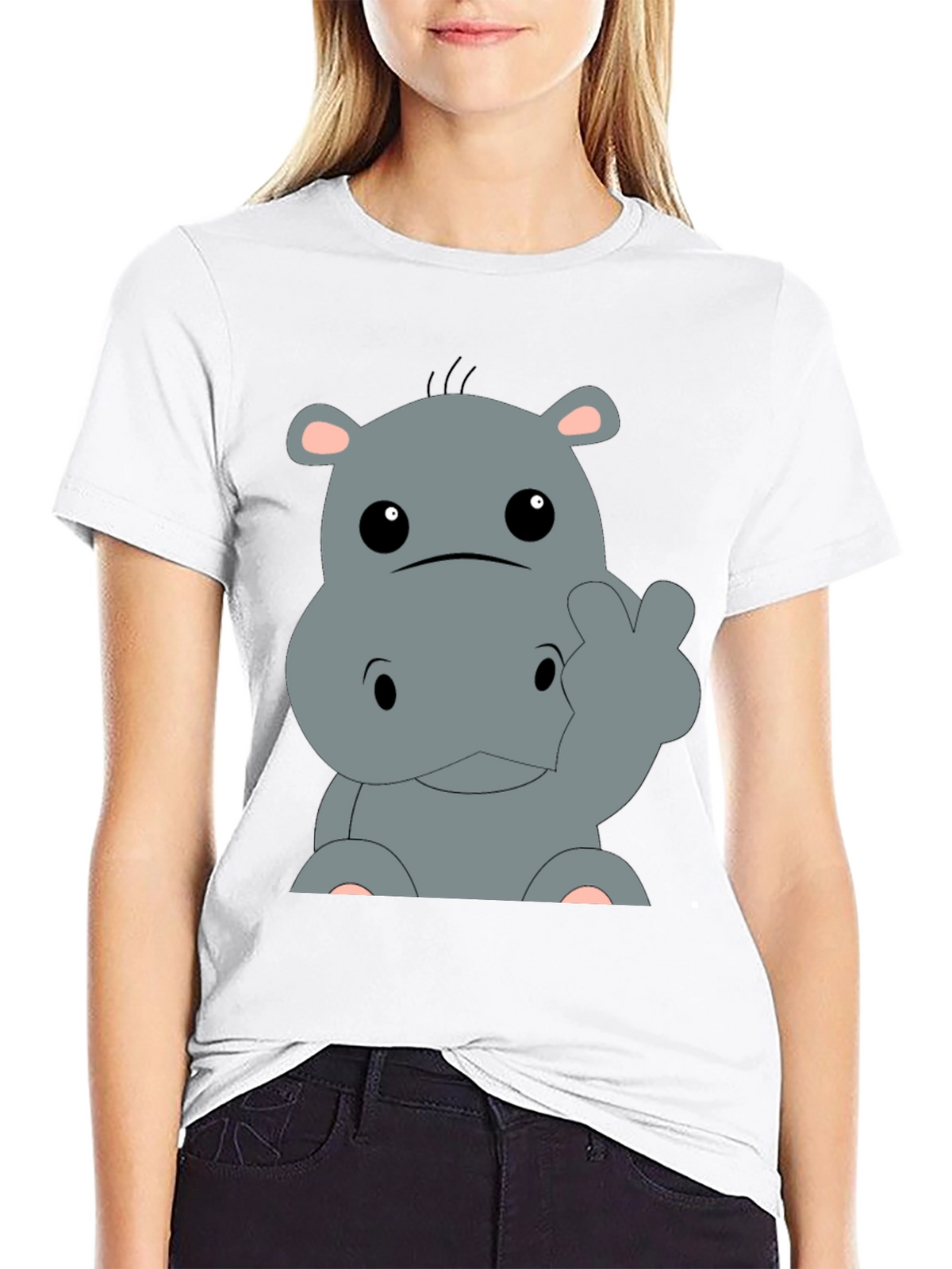 Cute Hippo Cartoon Graphic Tee - Black