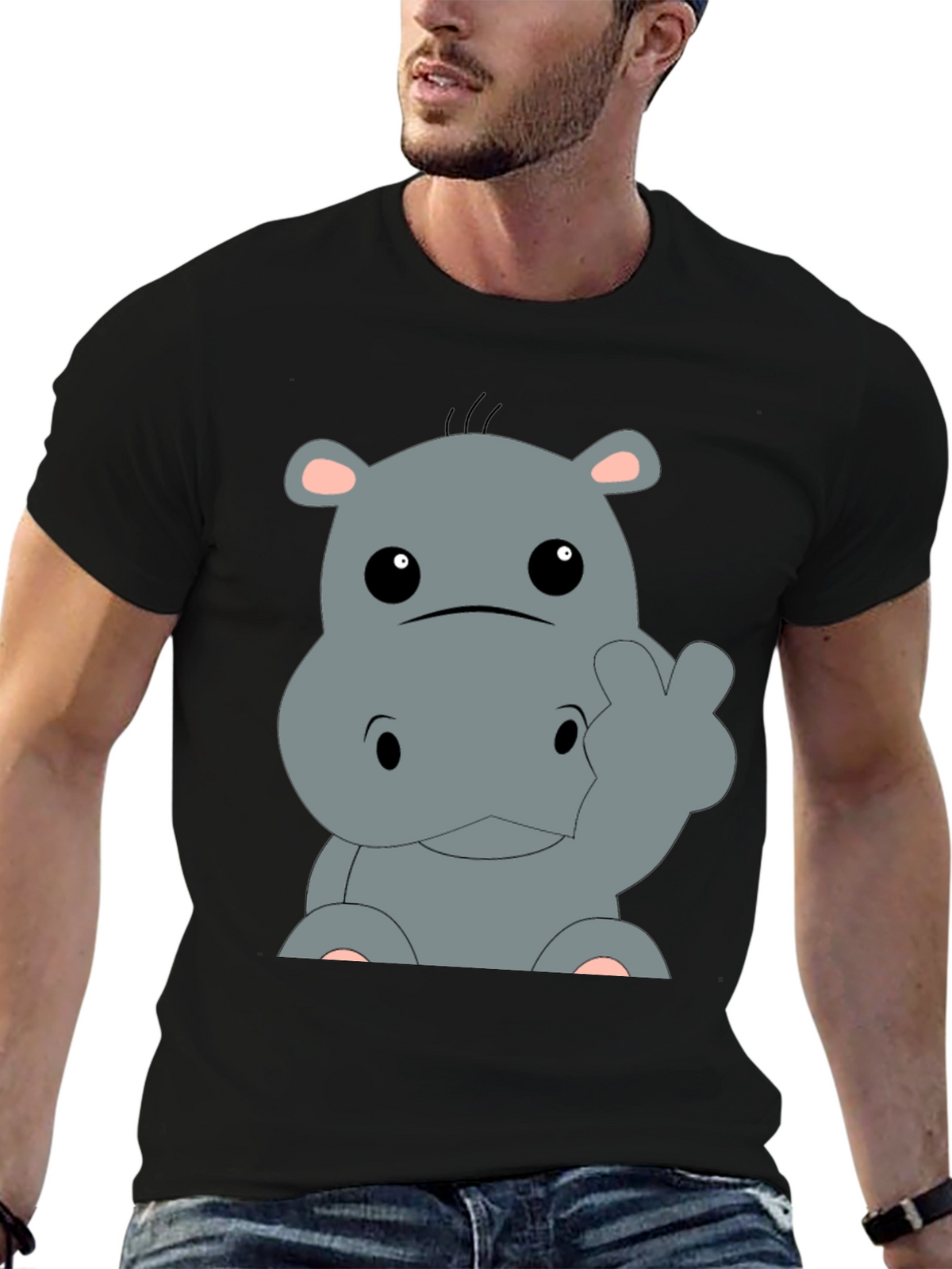Cute Hippo Cartoon Graphic Tee - Black