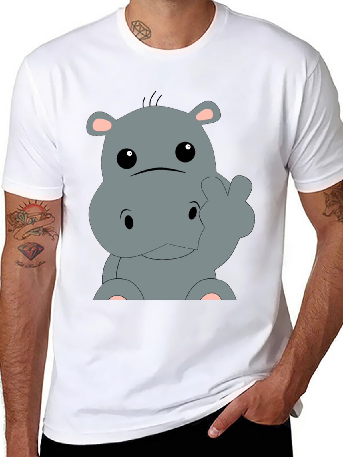 Cute Hippo Cartoon Graphic Tee - Black