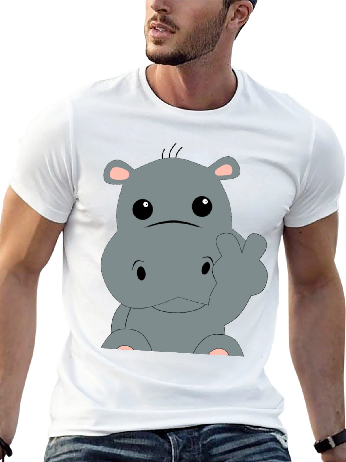 Cute Hippo Cartoon Graphic Tee - Black