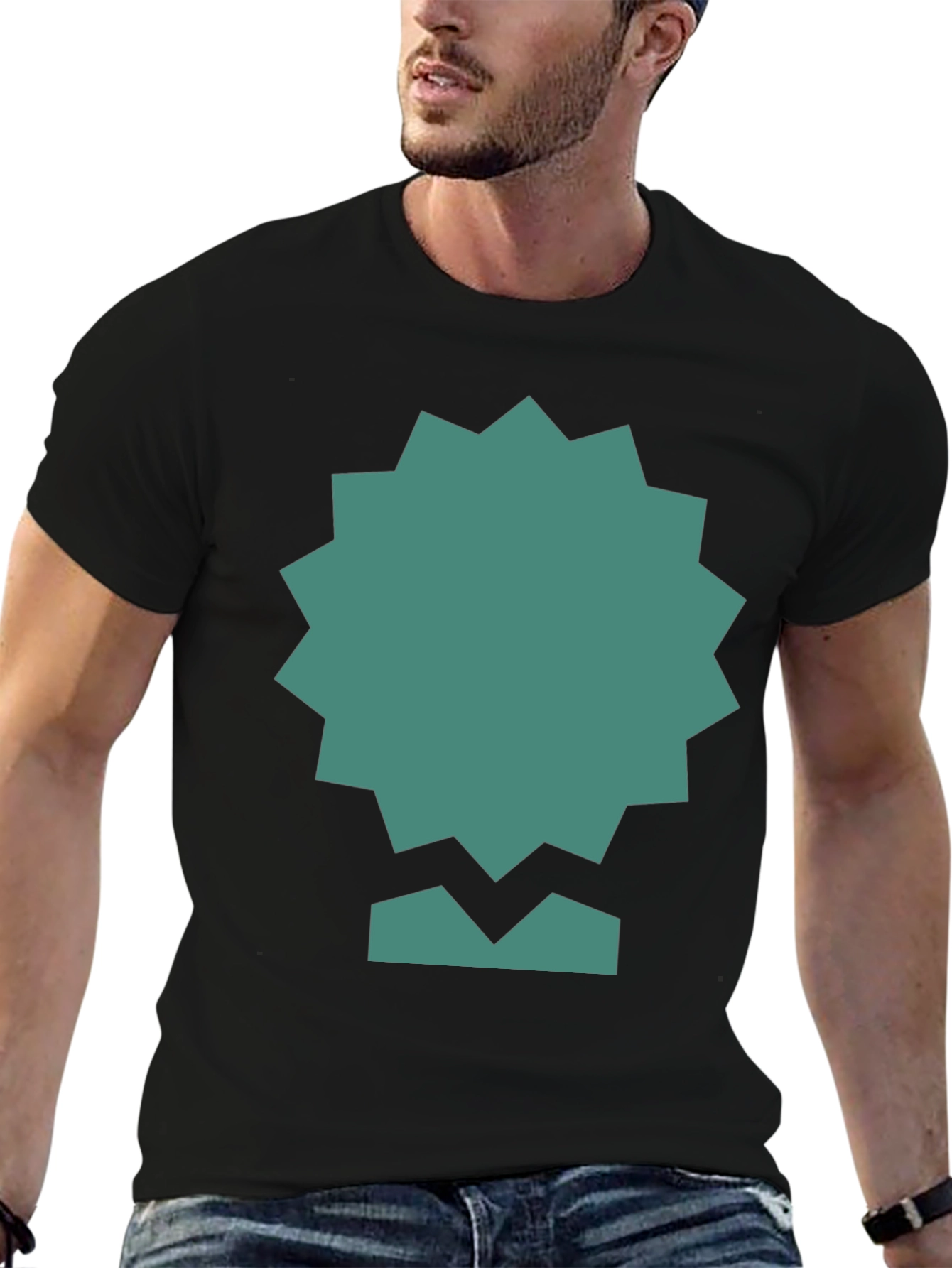 Geometric Teal Graphic Print Black Tee