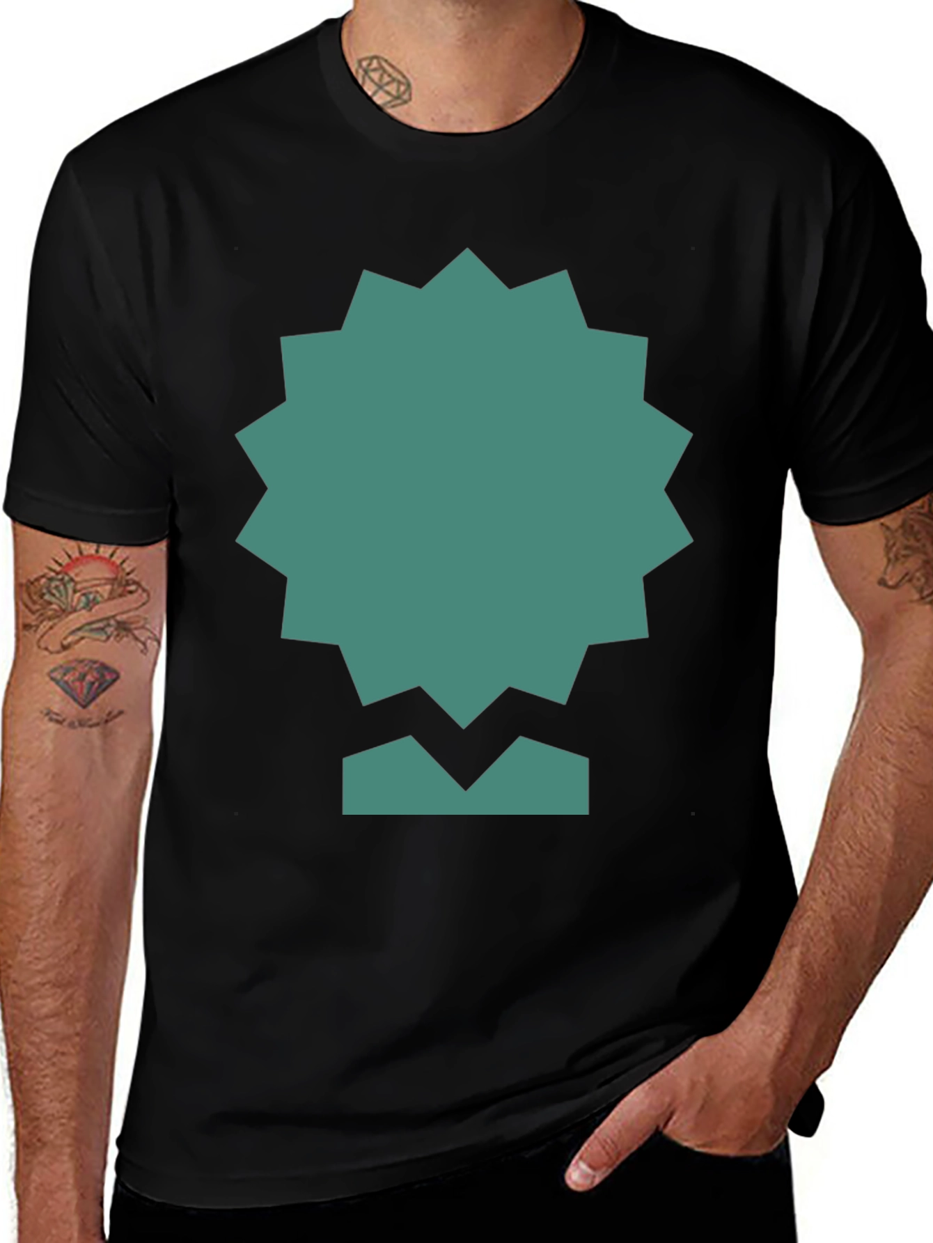 Geometric Teal Graphic Print Black Tee