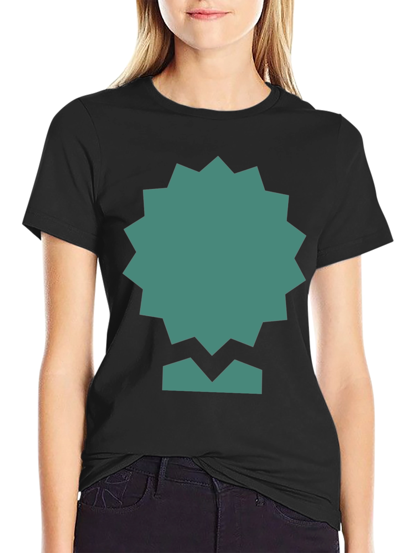 Geometric Teal Graphic Print Black Tee