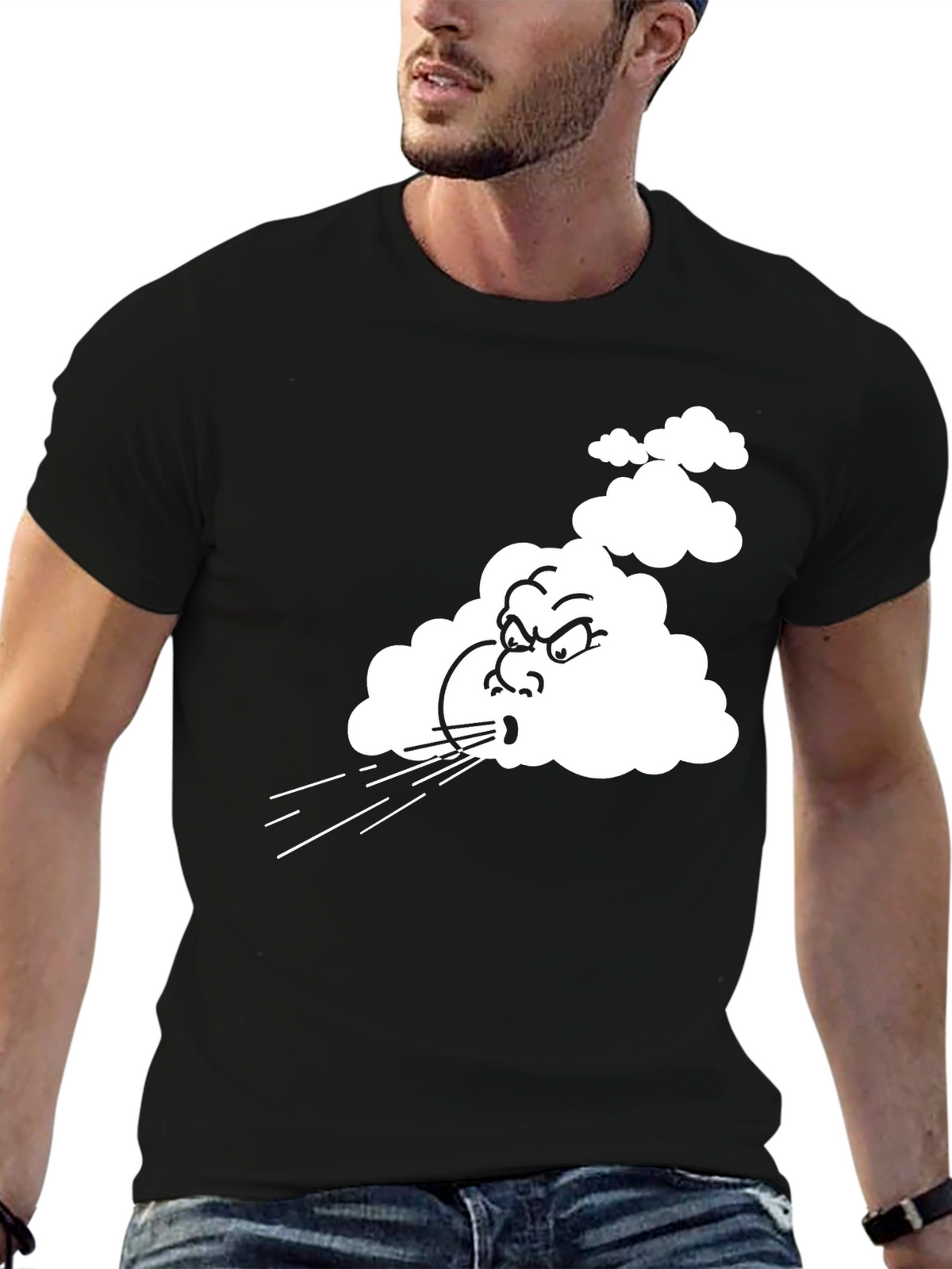 Mens Black T-Shirt with Cartoon Blowing Wind Graphic