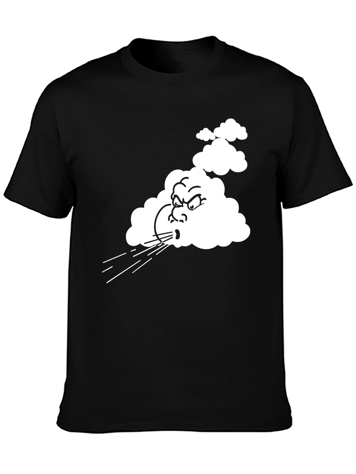 Mens Black T-Shirt with Cartoon Blowing Wind Graphic