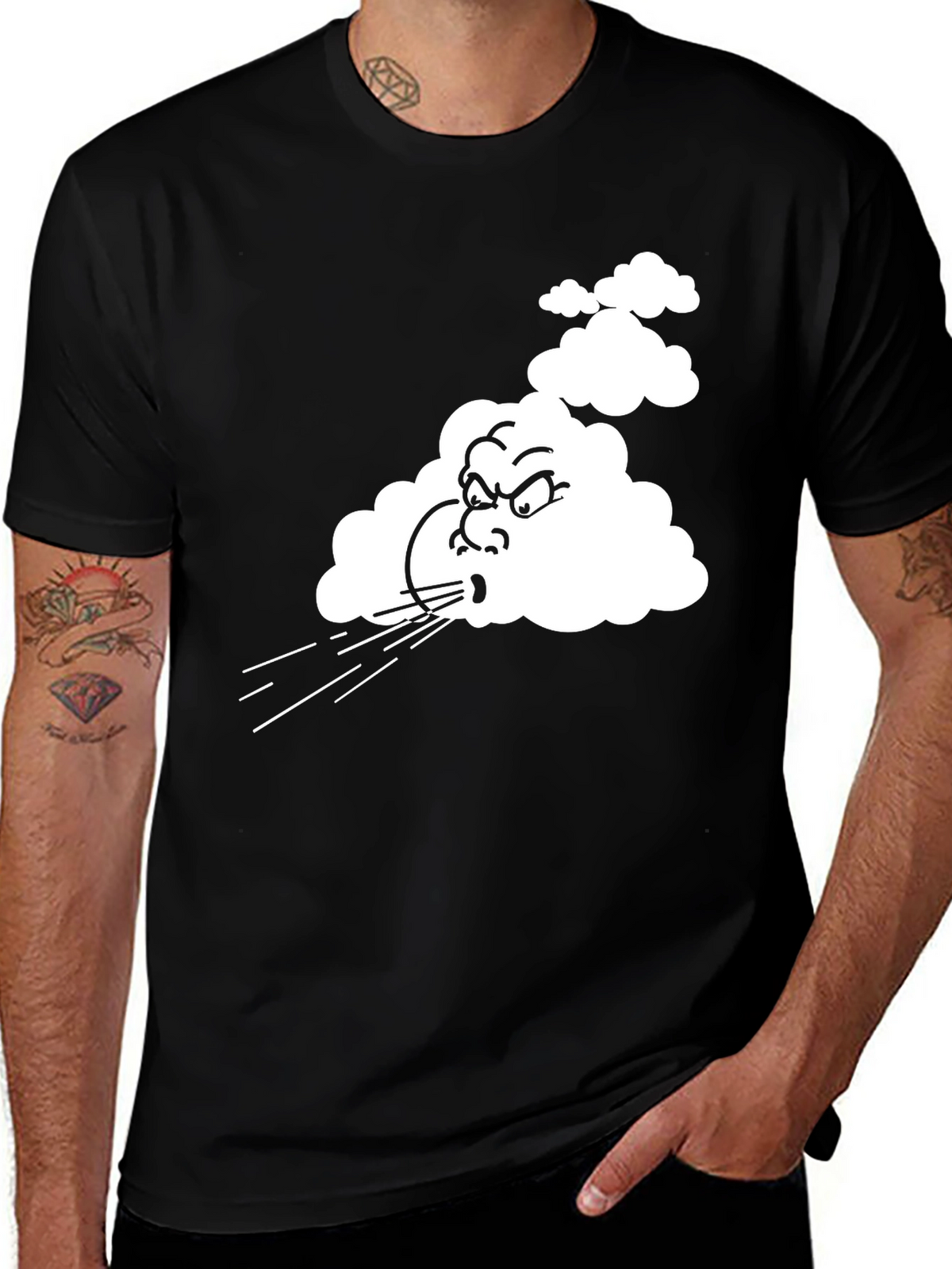 Mens Black T-Shirt with Cartoon Blowing Wind Graphic