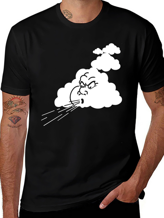 Mens Black T-Shirt with Cartoon Blowing Wind Graphic