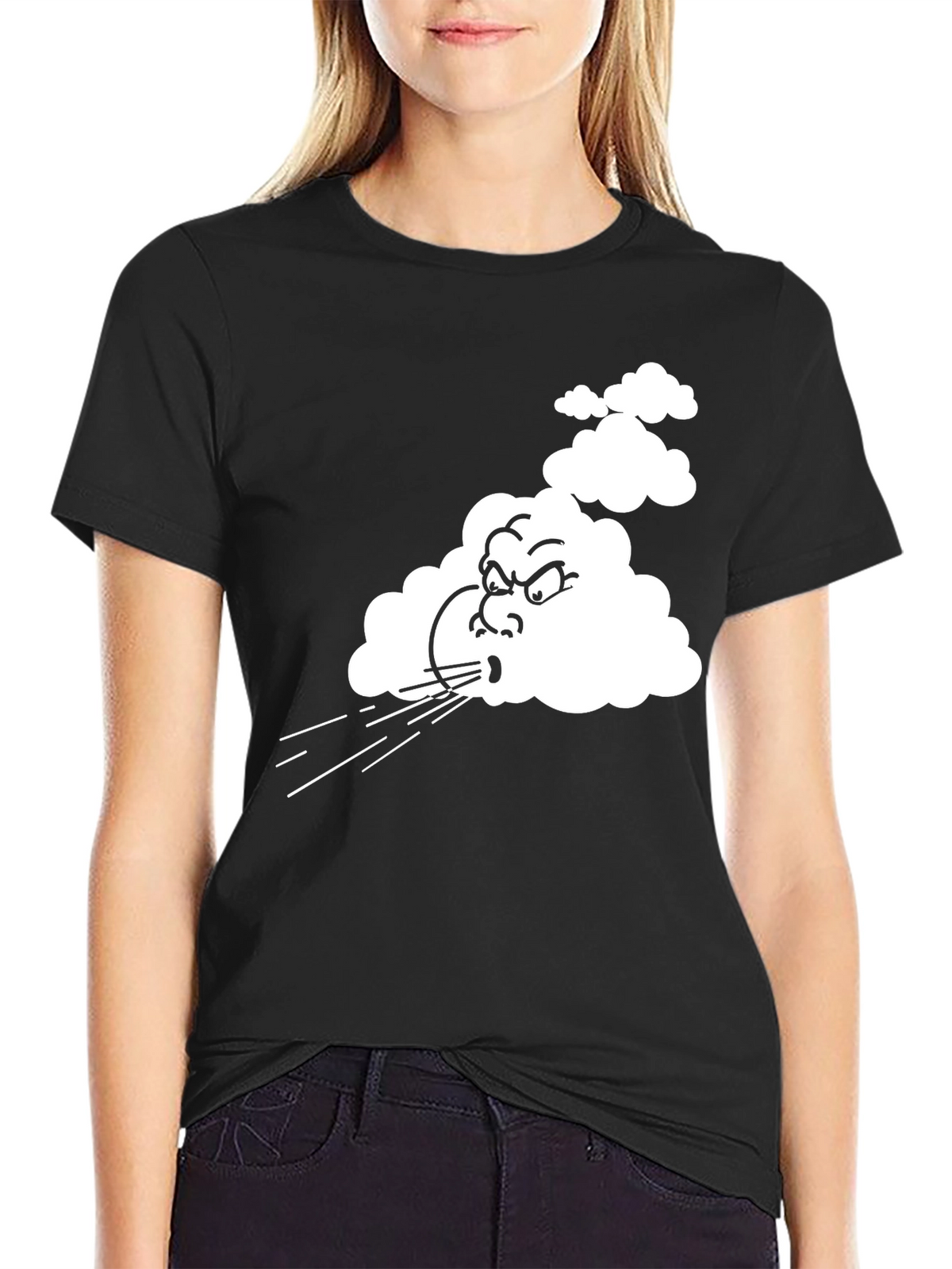 Mens Black T-Shirt with Cartoon Blowing Wind Graphic