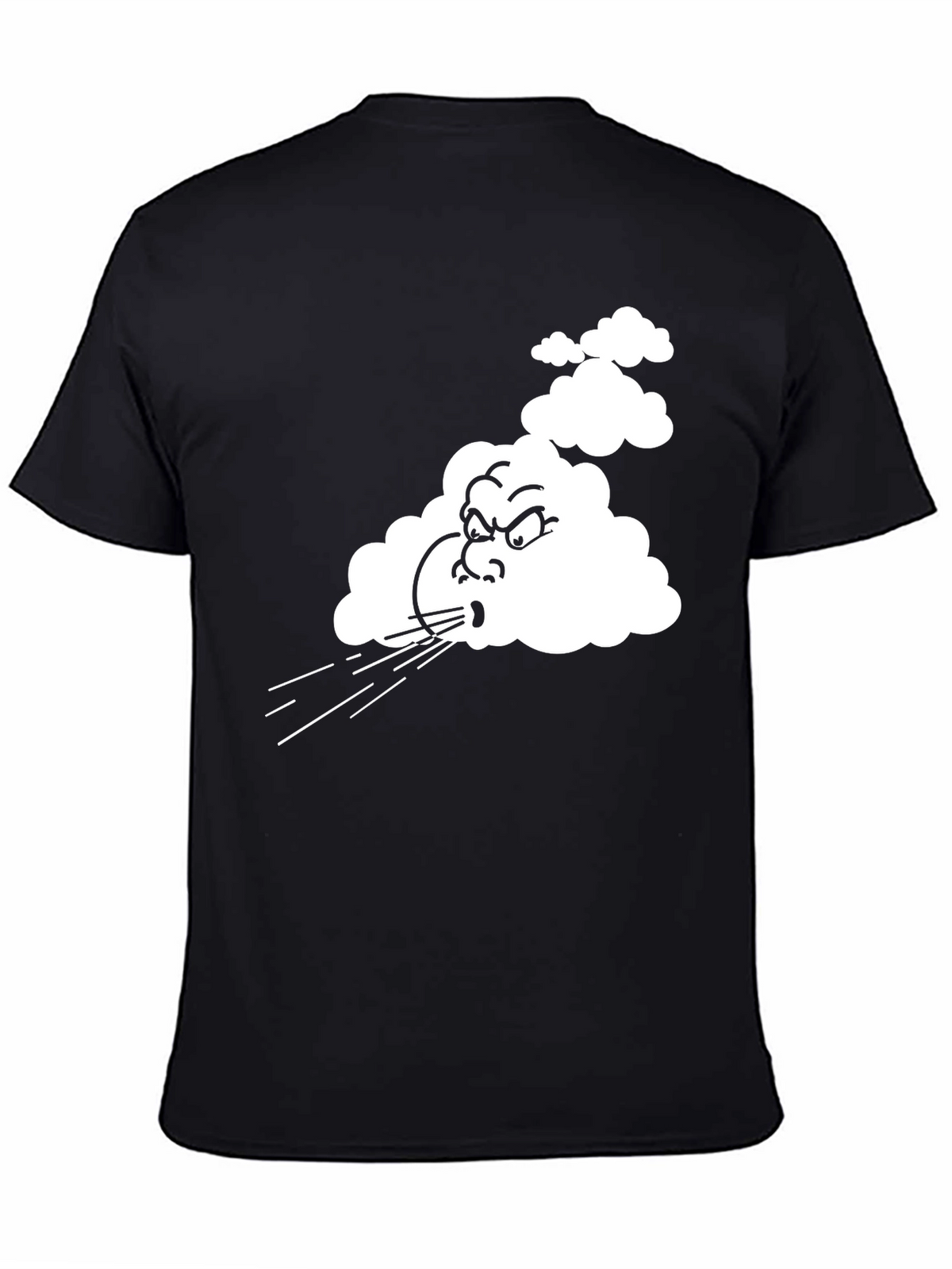 Mens Black T-Shirt with Cartoon Blowing Wind Graphic
