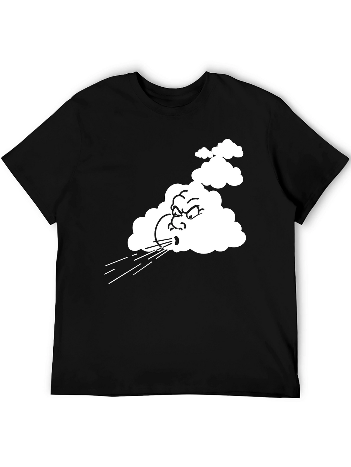 Mens Black T-Shirt with Cartoon Blowing Wind Graphic