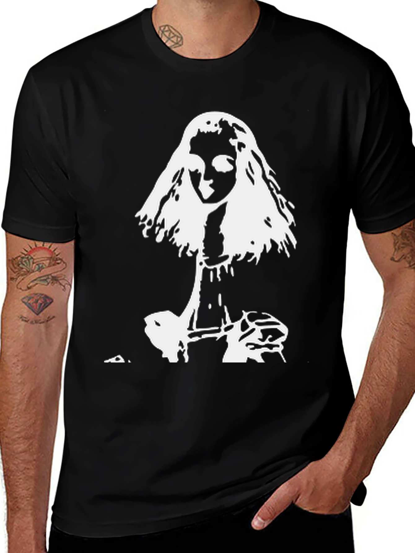 White Graphic Print Black T-Shirt