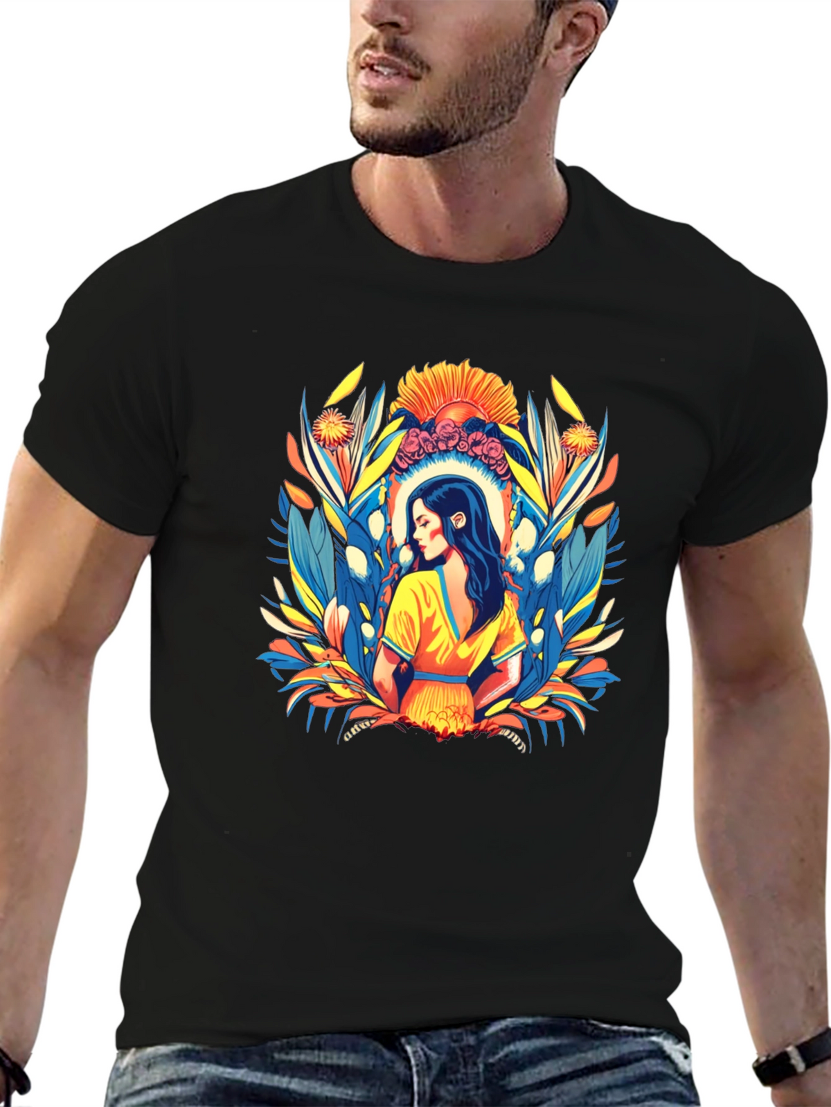 Black T-Shirt with Artistic Woman Floral Design