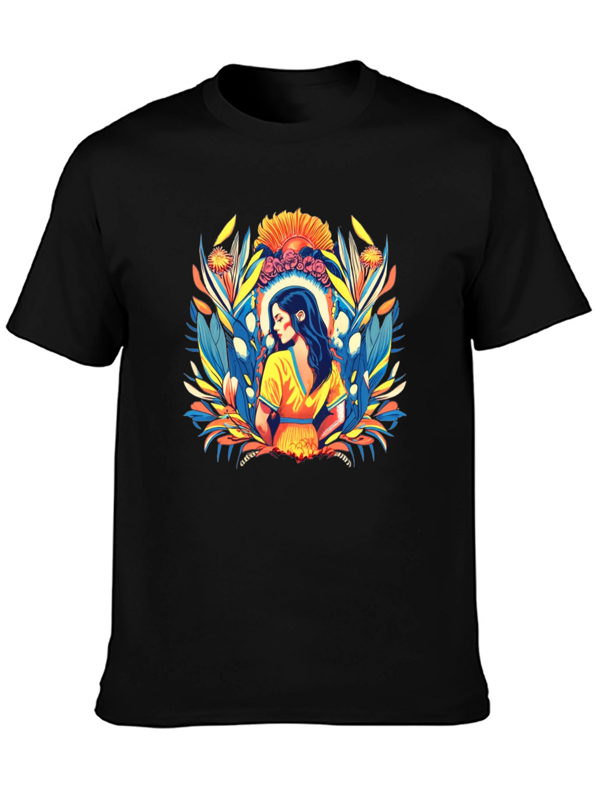 Black T-Shirt with Artistic Woman Floral Design