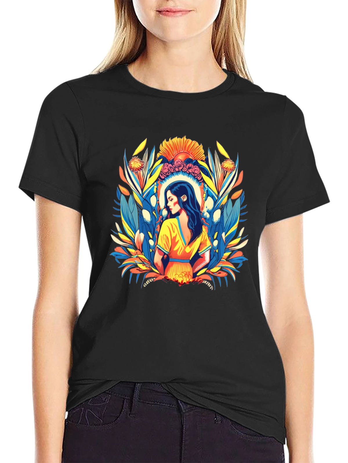 Black T-Shirt with Artistic Woman Floral Design