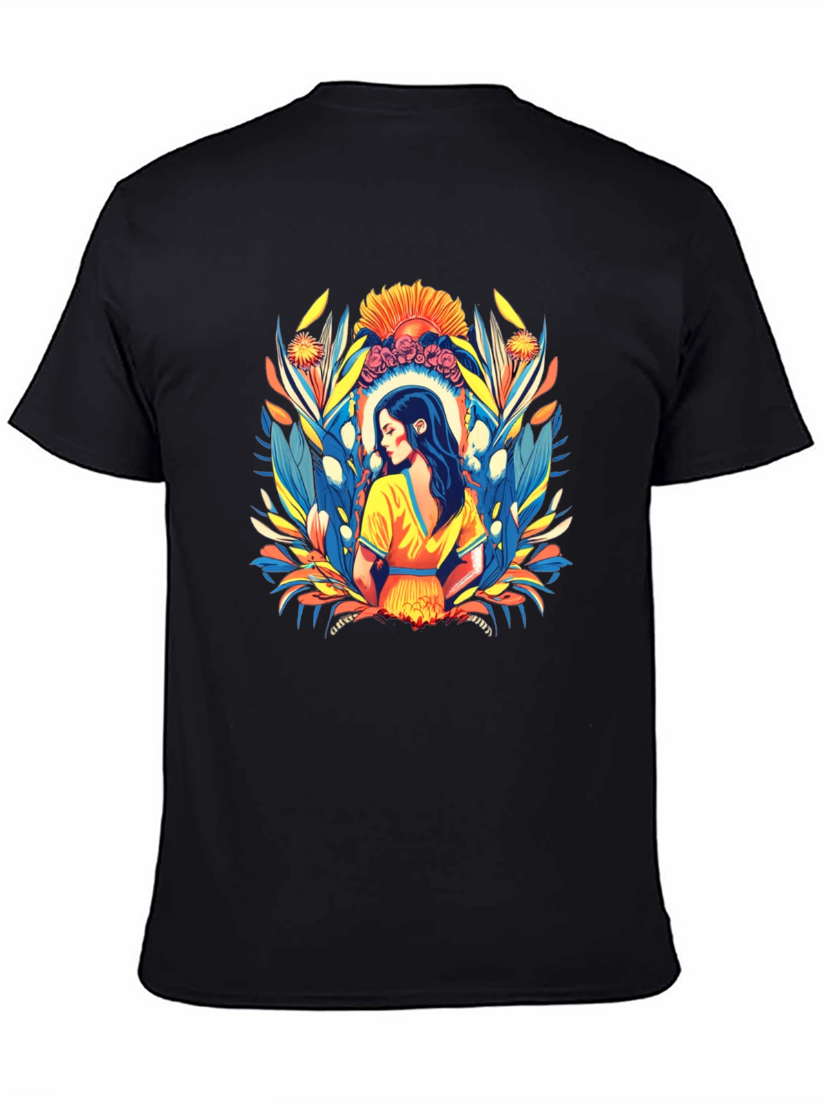 Black T-Shirt with Artistic Woman Floral Design