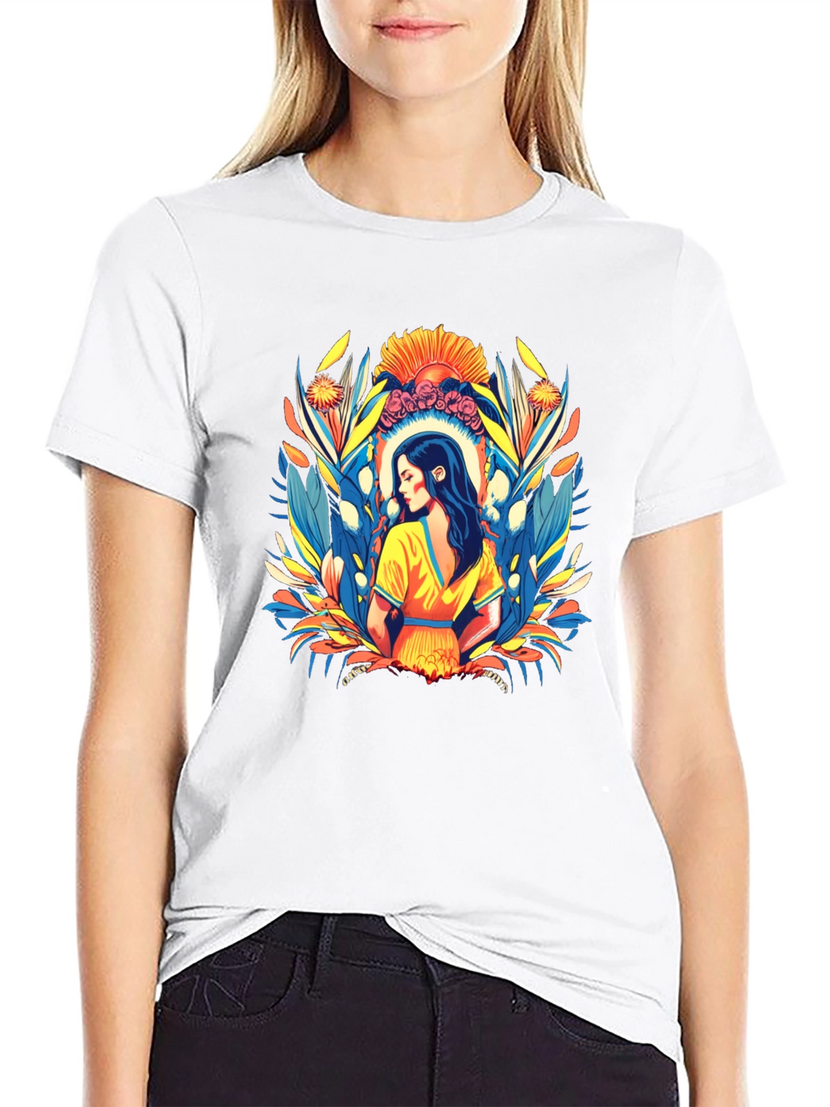 Black T-Shirt with Artistic Woman Floral Design