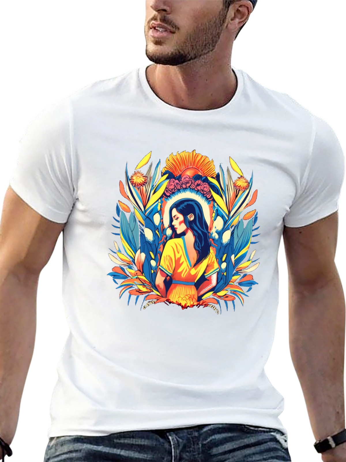 Black T-Shirt with Artistic Woman Floral Design