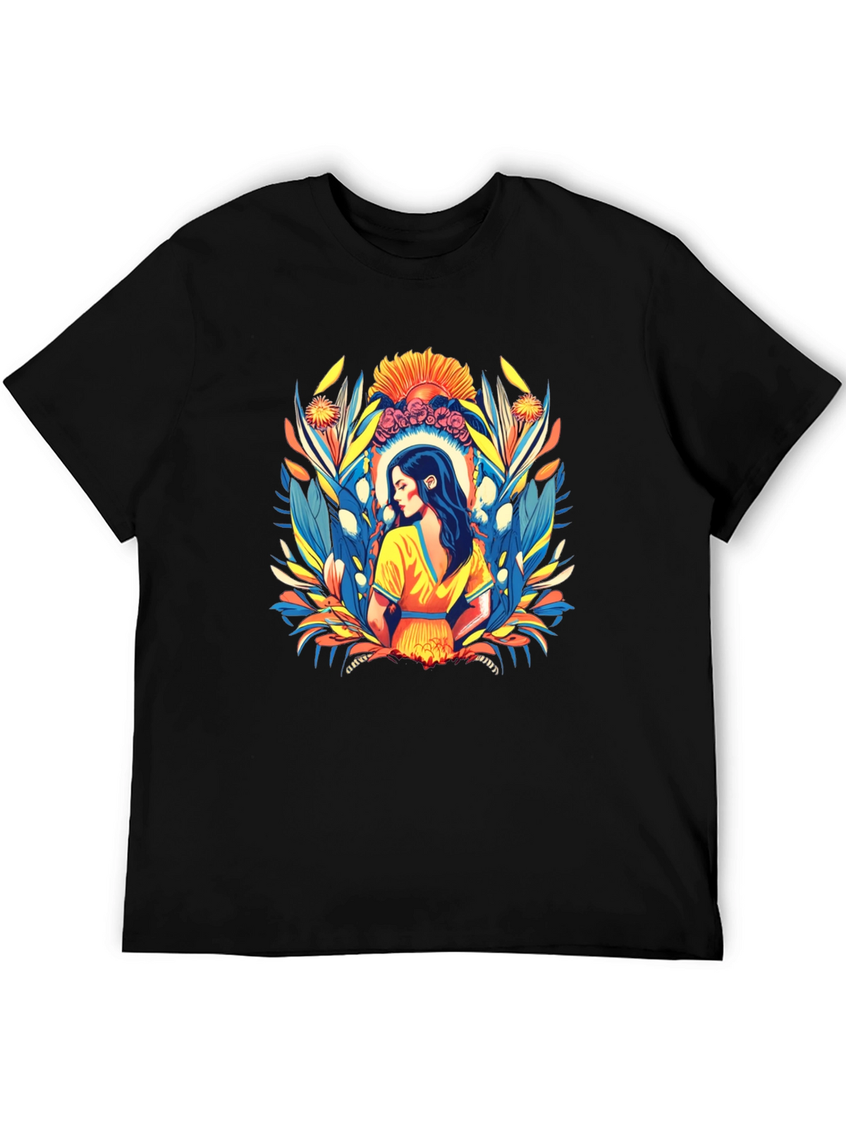 Black T-Shirt with Artistic Woman Floral Design