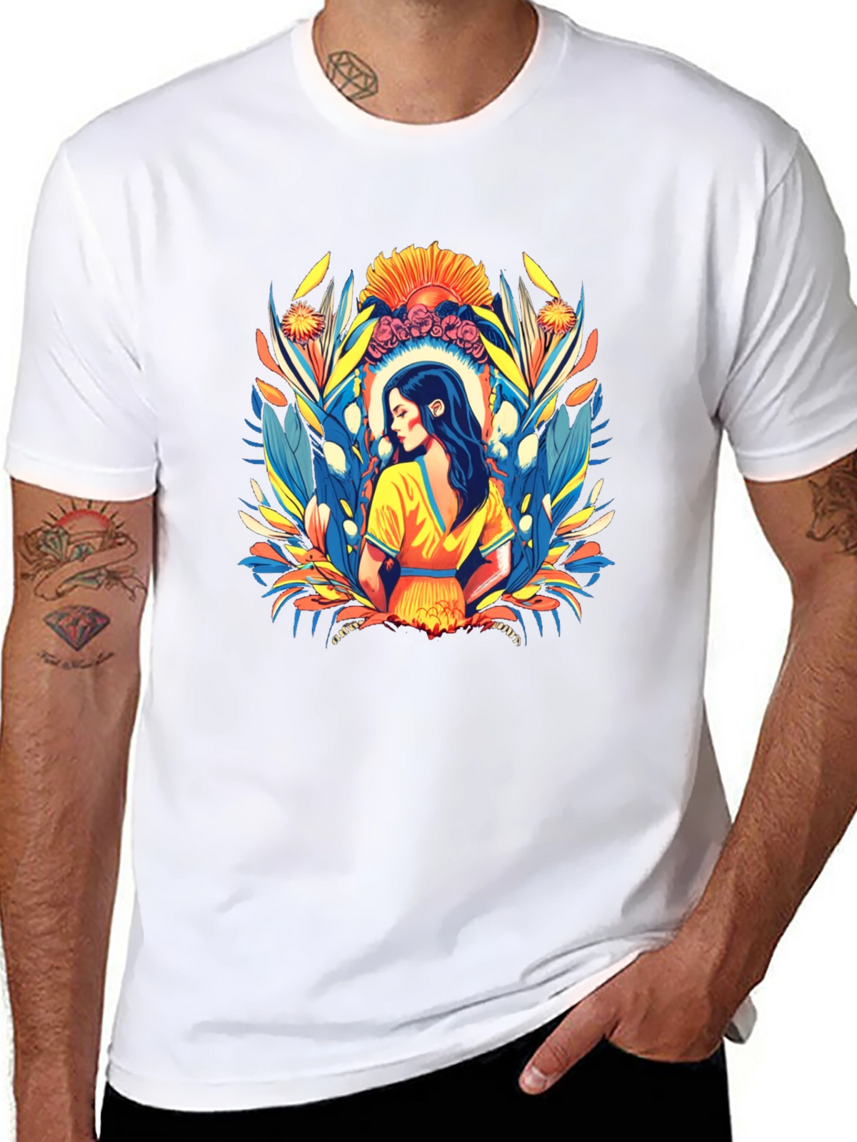 Black T-Shirt with Artistic Woman Floral Design