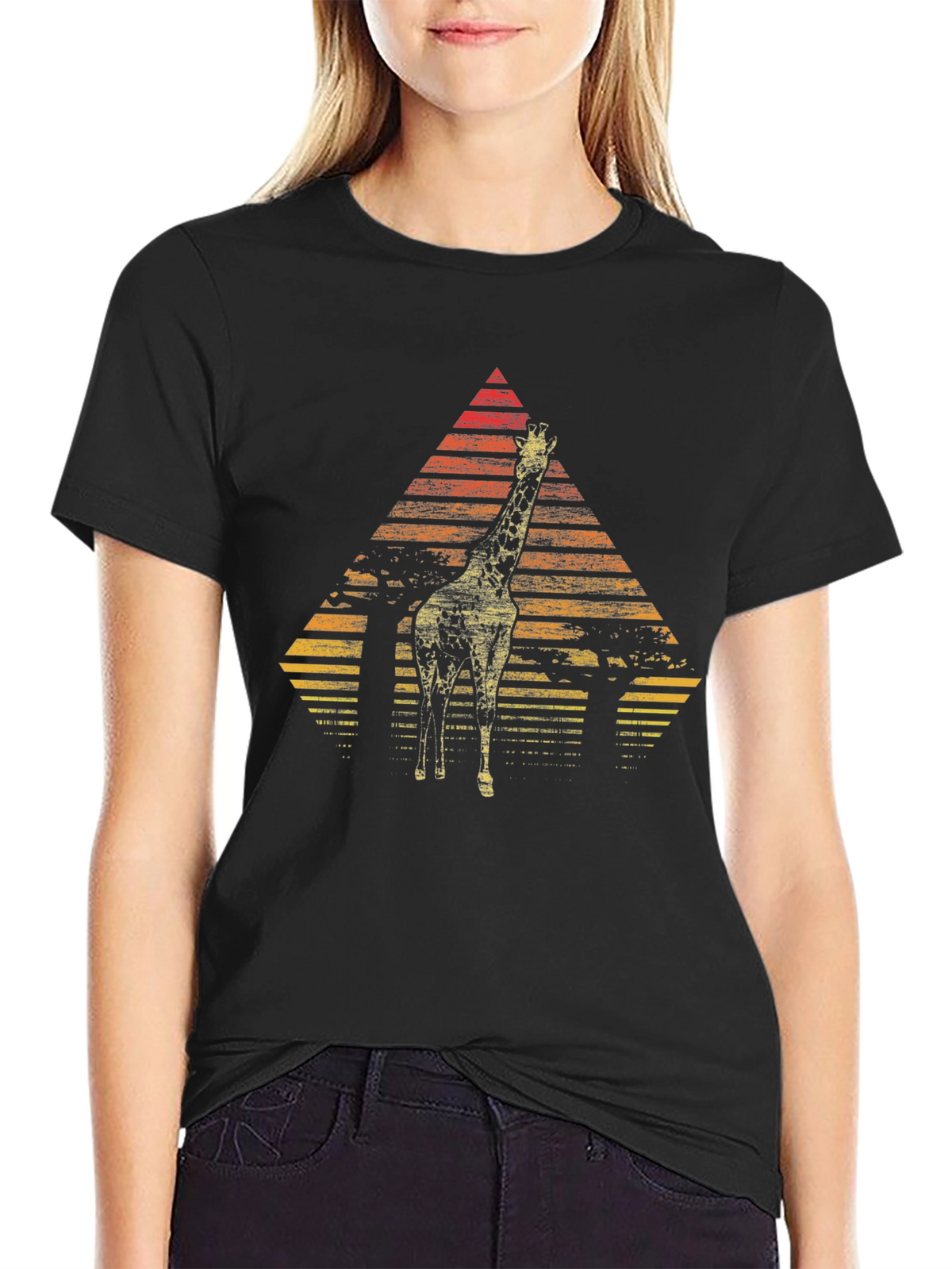Giraffe Sunset Graphic Tee - Stylish Mens Black T-Shirt