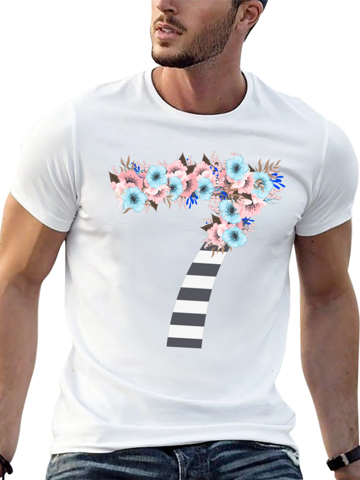 Floral Number 7 Striped Graphic Tee