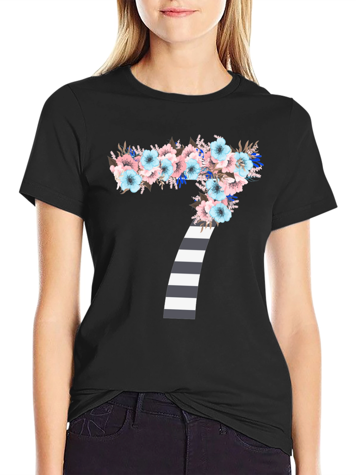 Floral Number 7 Striped Graphic Tee