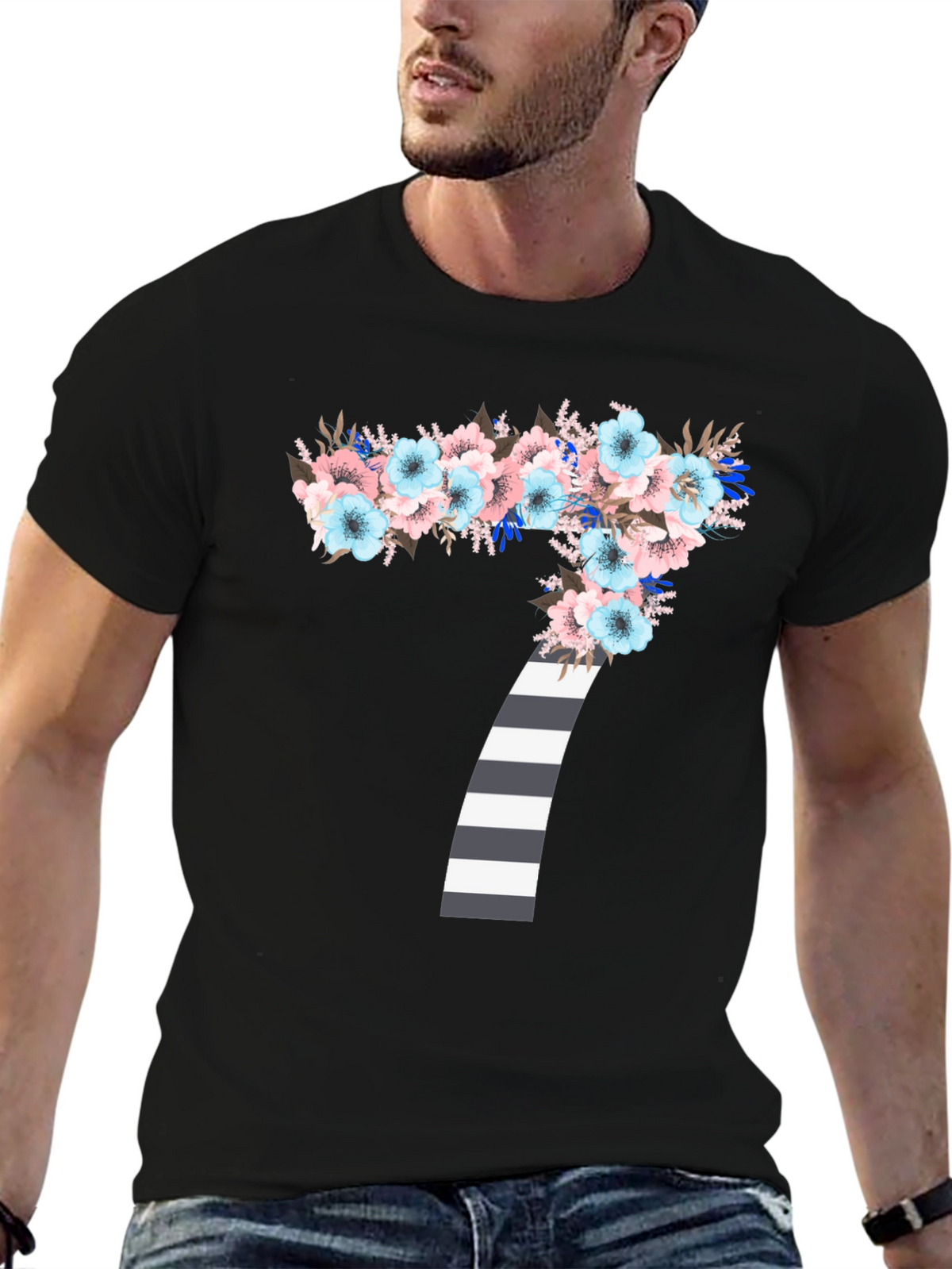 Floral Number 7 Striped Graphic Tee