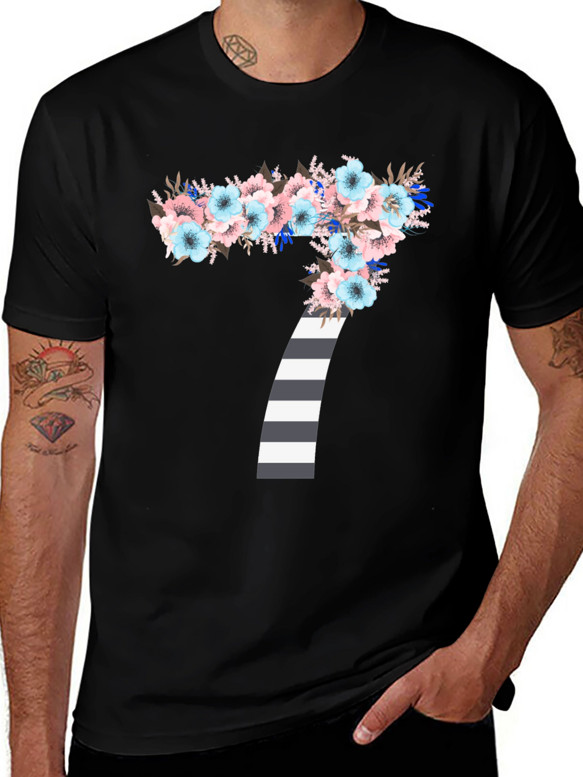 Floral Number 7 Striped Graphic Tee