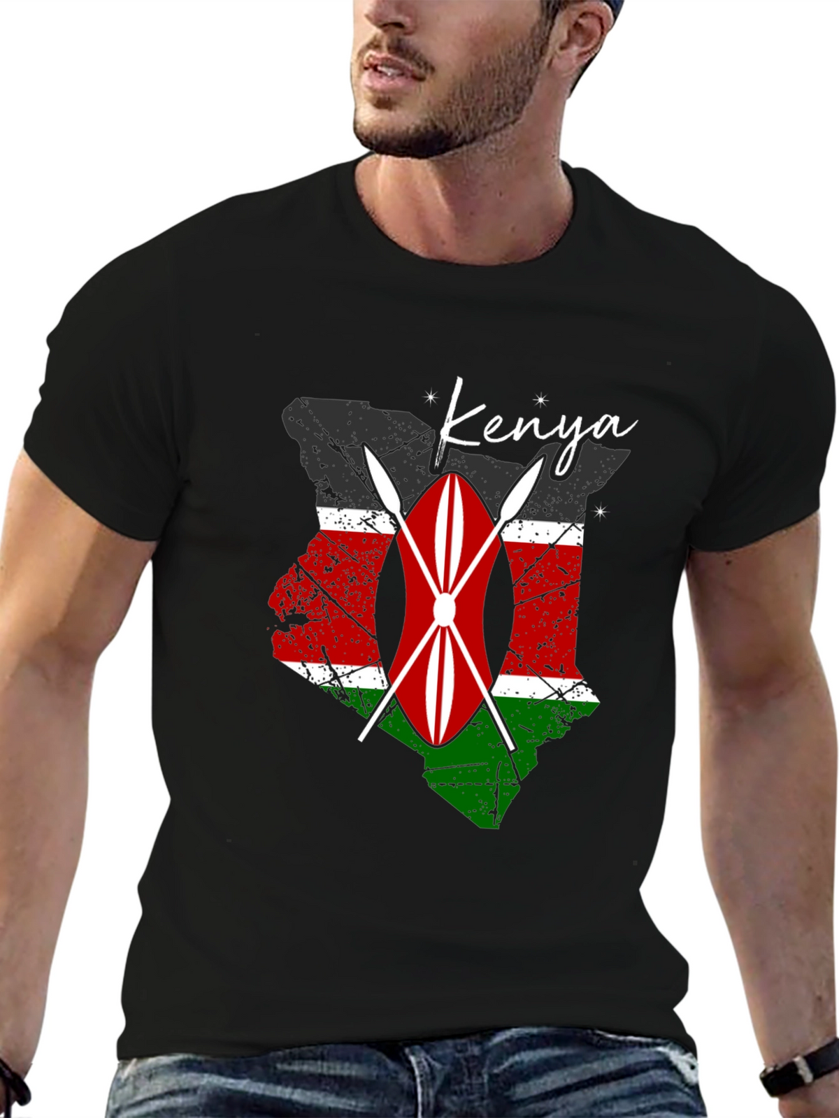 Kenya Flag Shield Graphic Tee - Mens Black T-Shirt