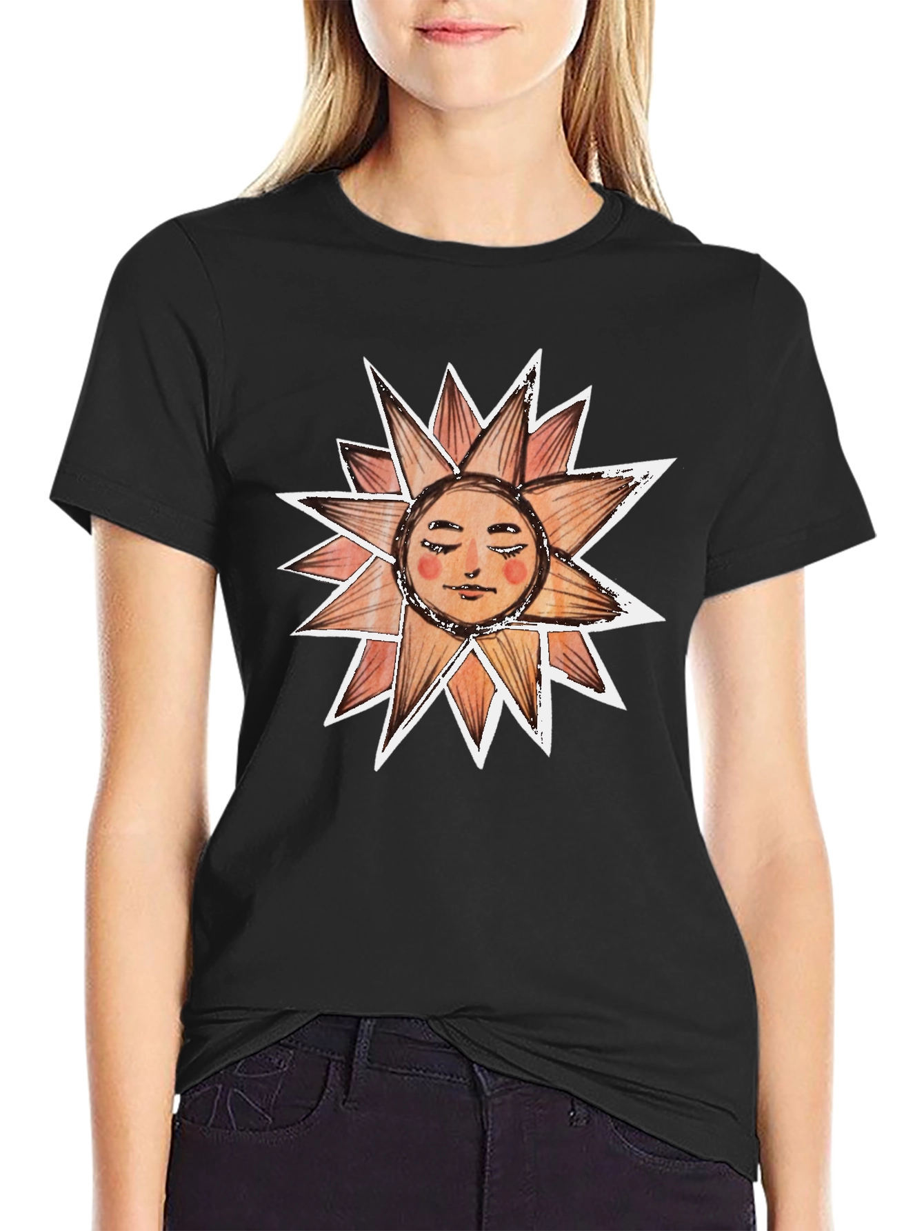 Sun Face Graphic Tee - Black Cotton T-Shirt