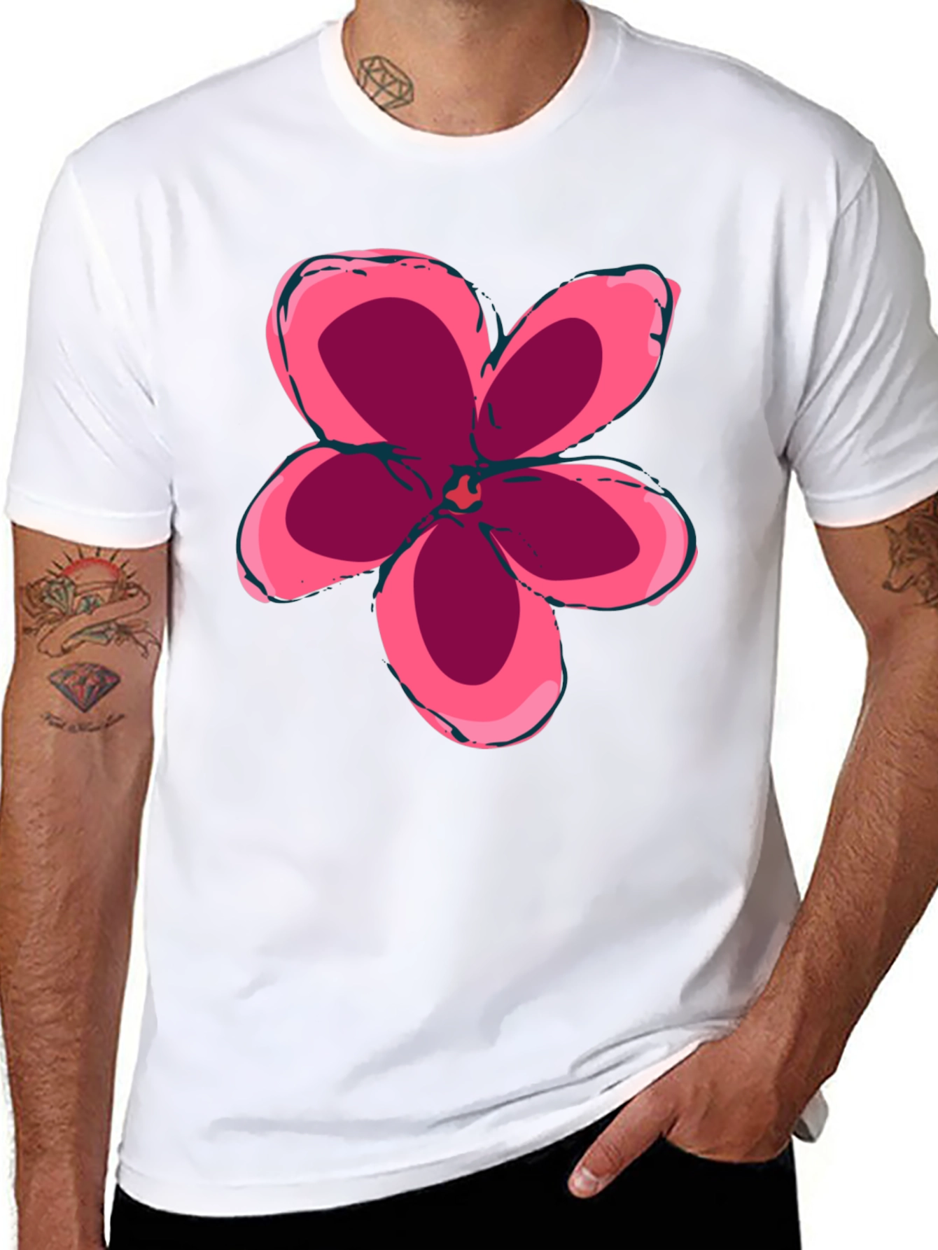 Black T-Shirt with Pink Flower Graphic