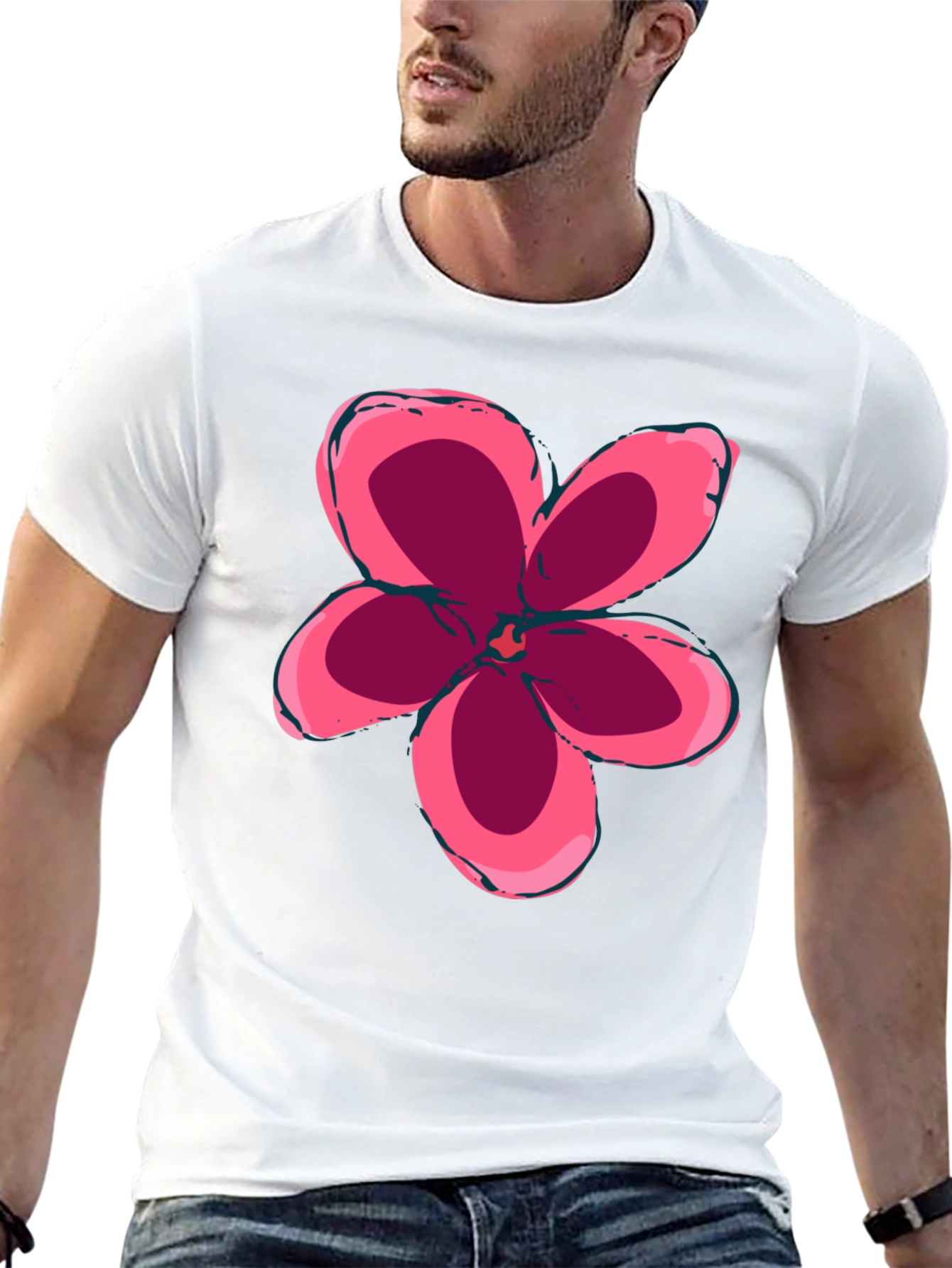 Black T-Shirt with Pink Flower Graphic