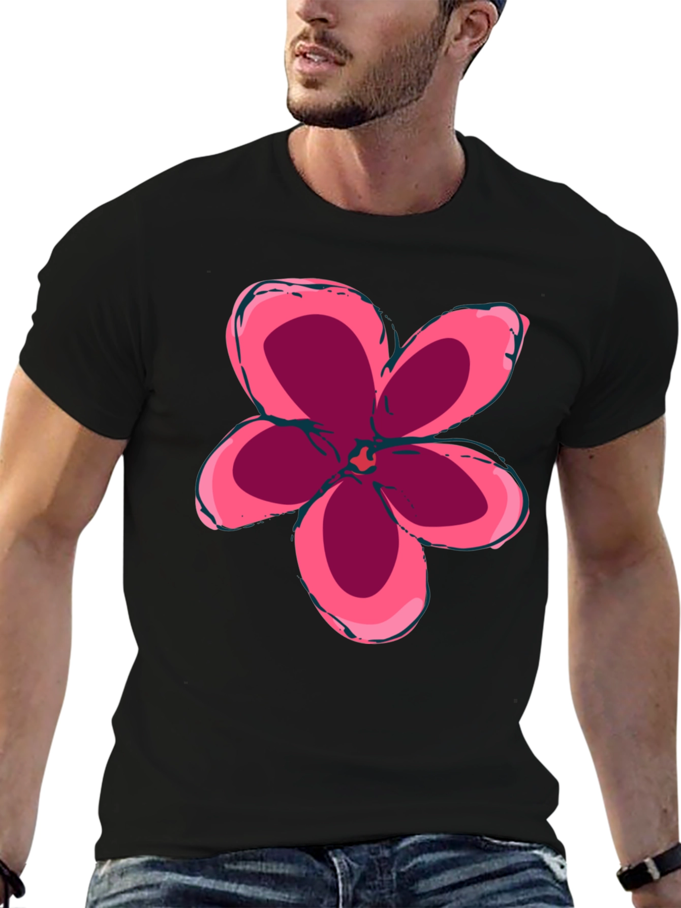 Black T-Shirt with Pink Flower Graphic