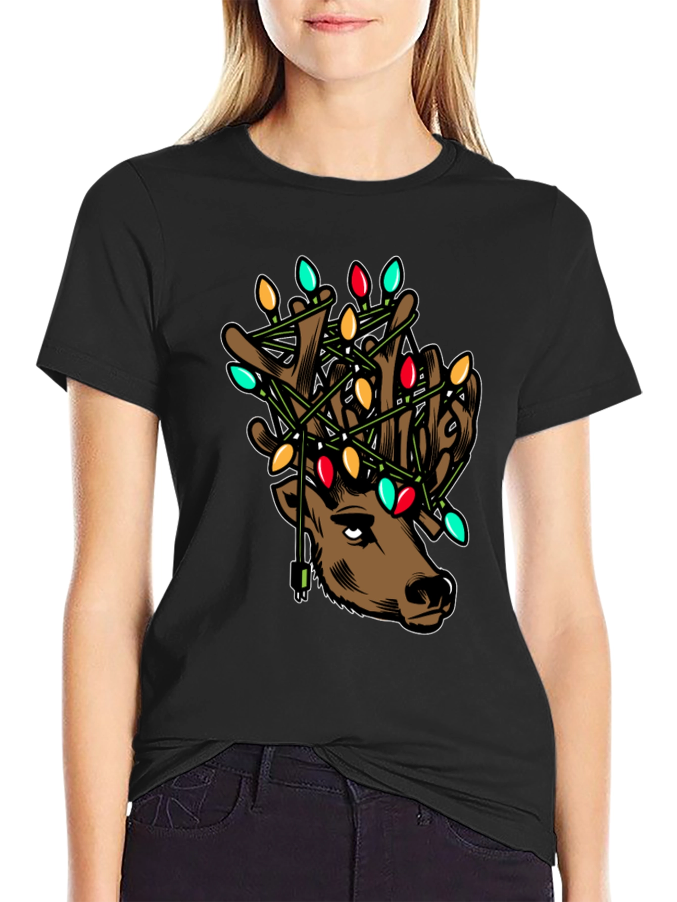 Reindeer Christmas Lights Graphic T-Shirt
