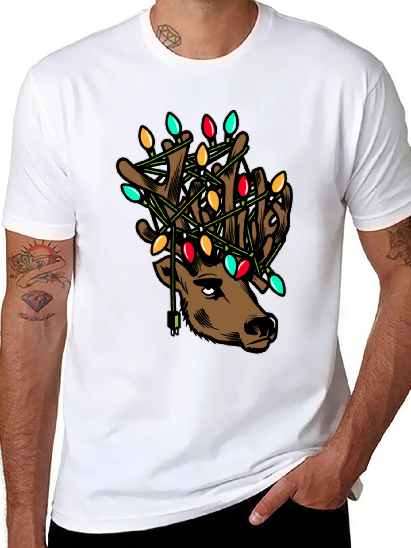 Reindeer Christmas Lights Graphic T-Shirt