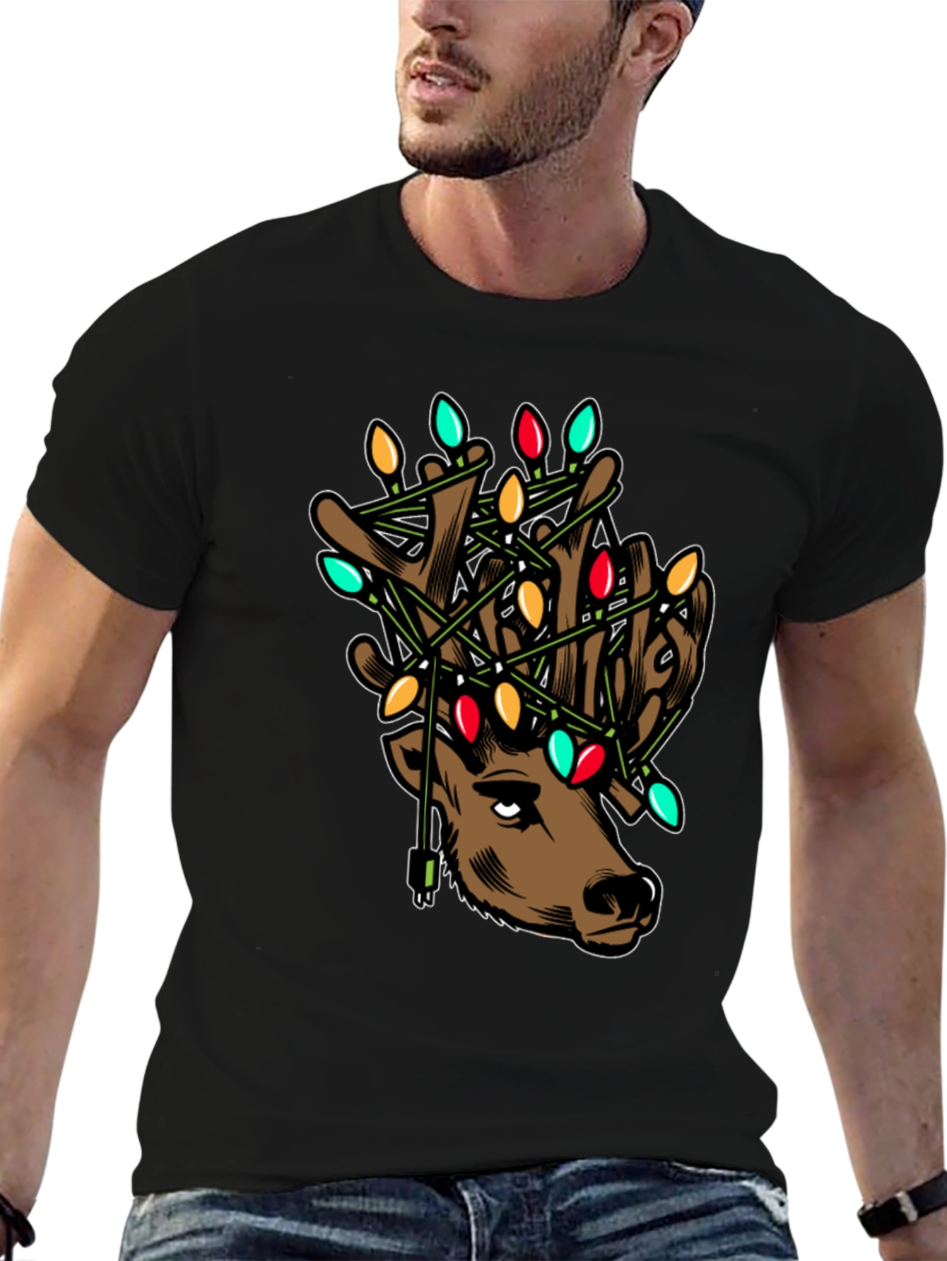 Reindeer Christmas Lights Graphic T-Shirt