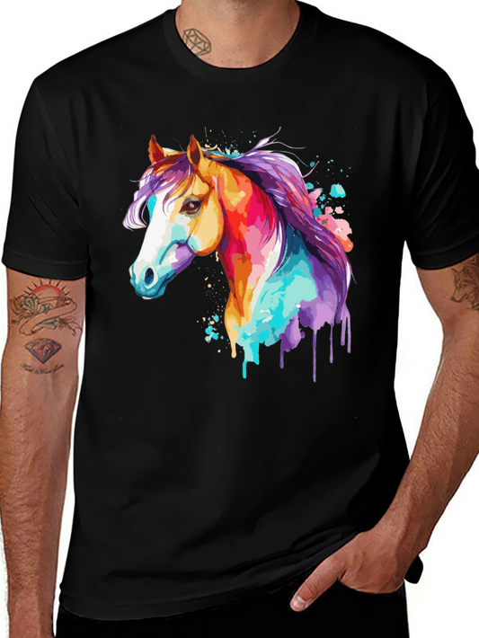 Vibrant Watercolor Horse Graphic Black T-Shirt