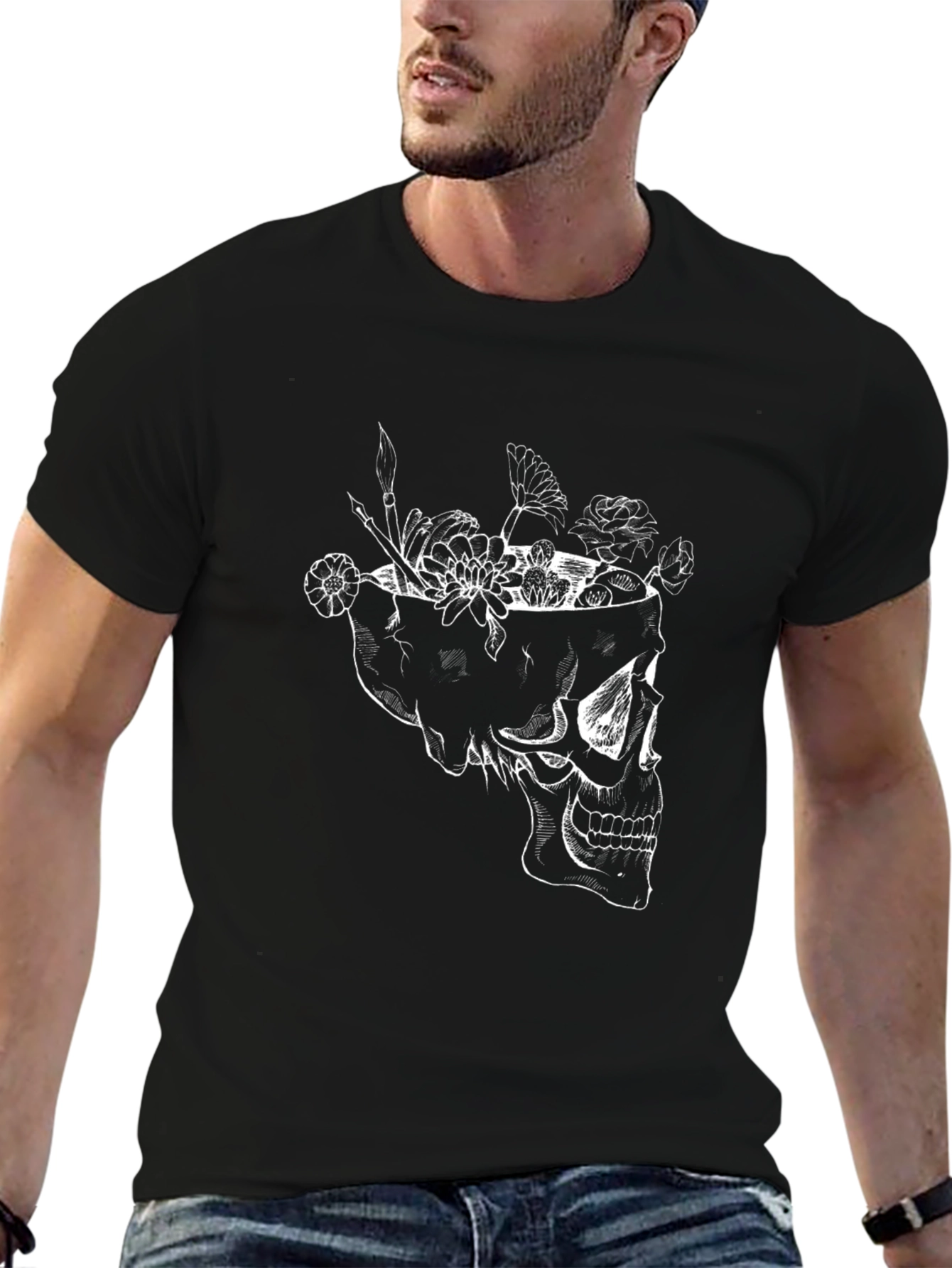 Skull & Flowers Graphic Tee - Black