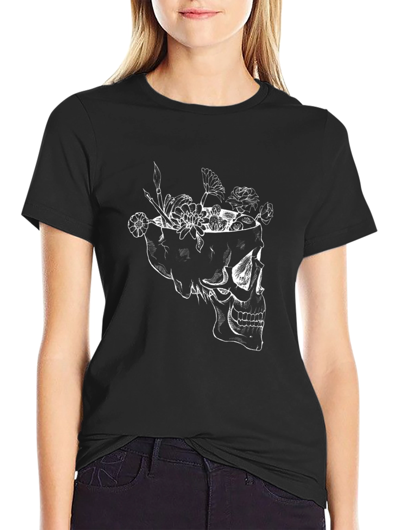 Skull & Flowers Graphic Tee - Black
