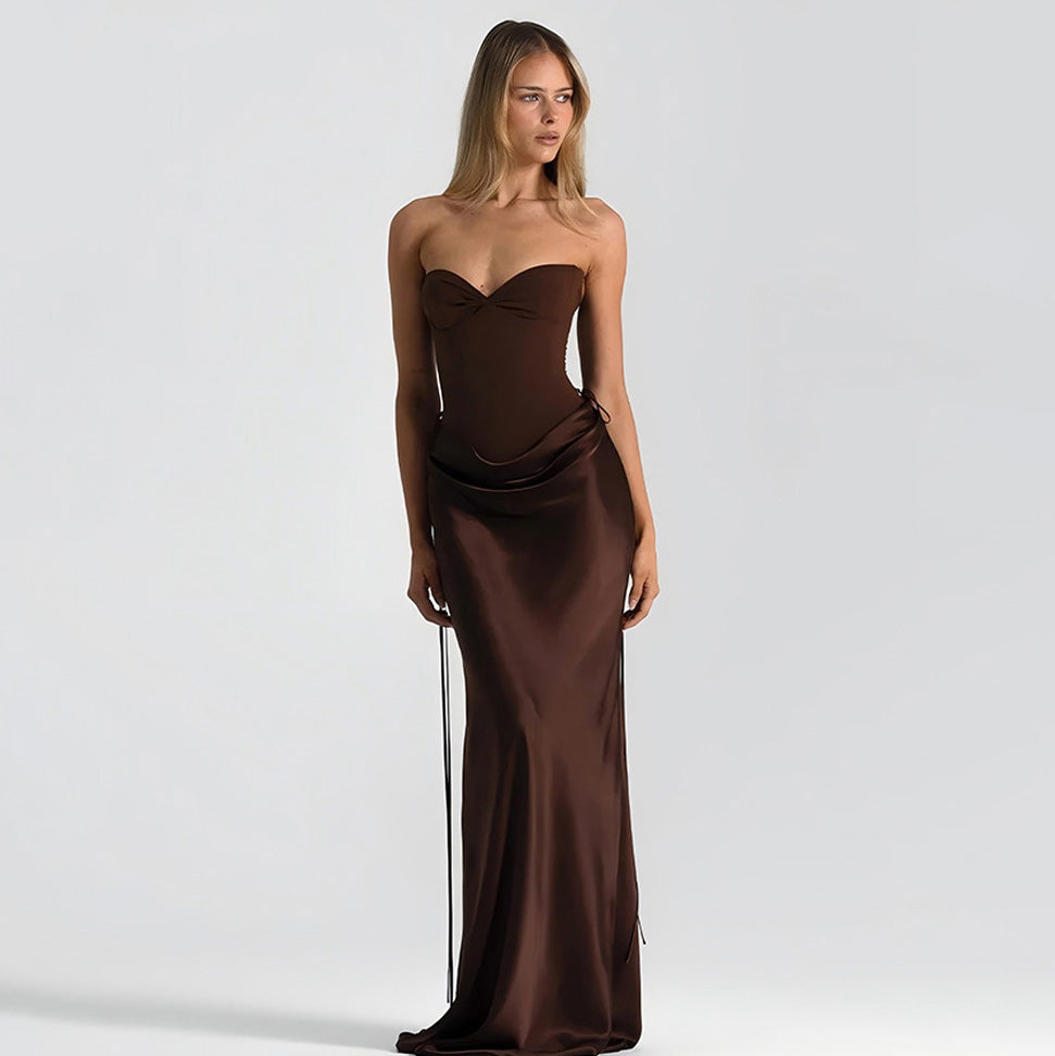 Women's Elegant Solid Color Satin Fishbone Tight Waist Slim-Fit Party Dress