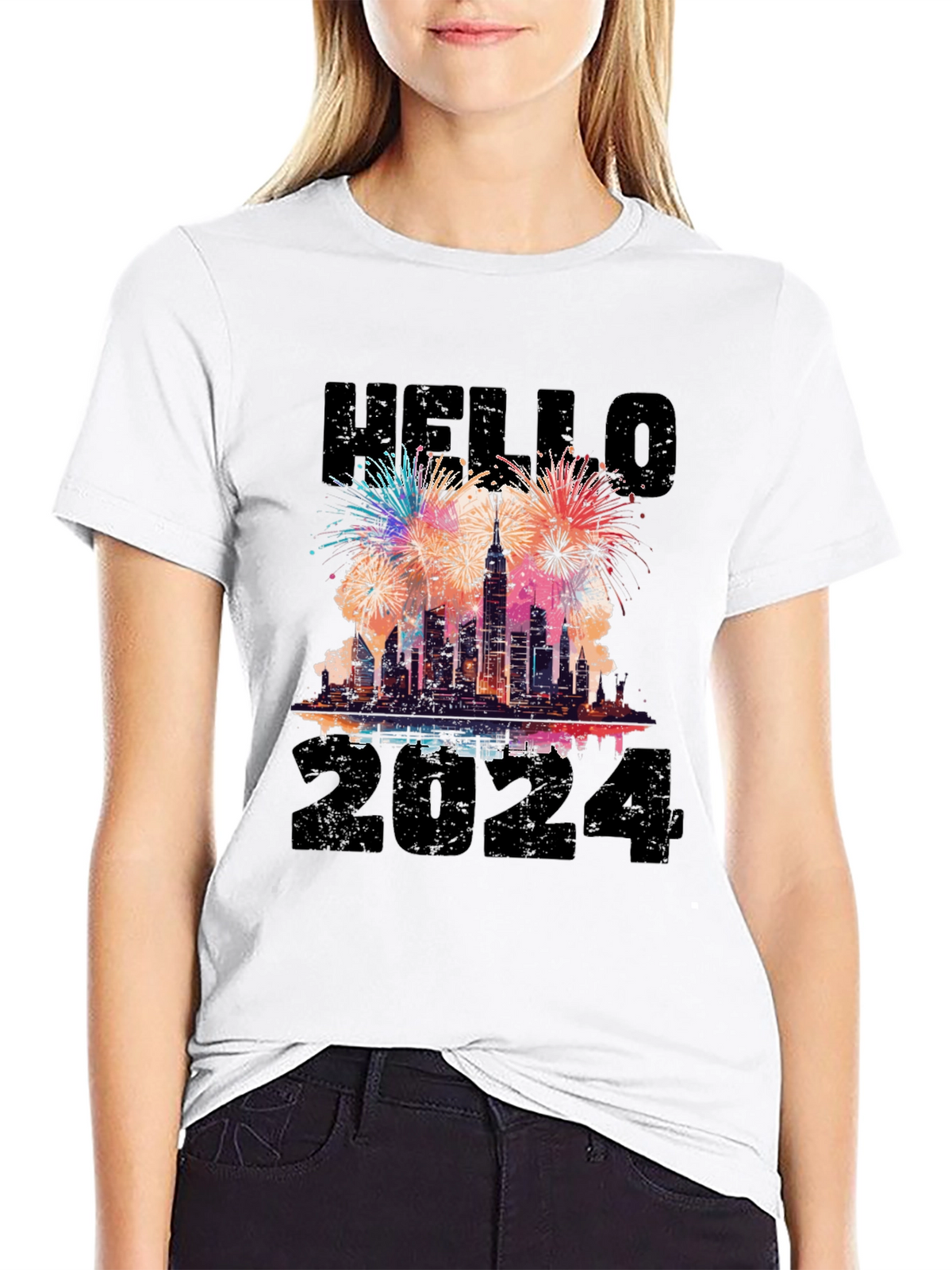 Hello 2024 New Years Eve Fireworks Graphic T-Shirt
