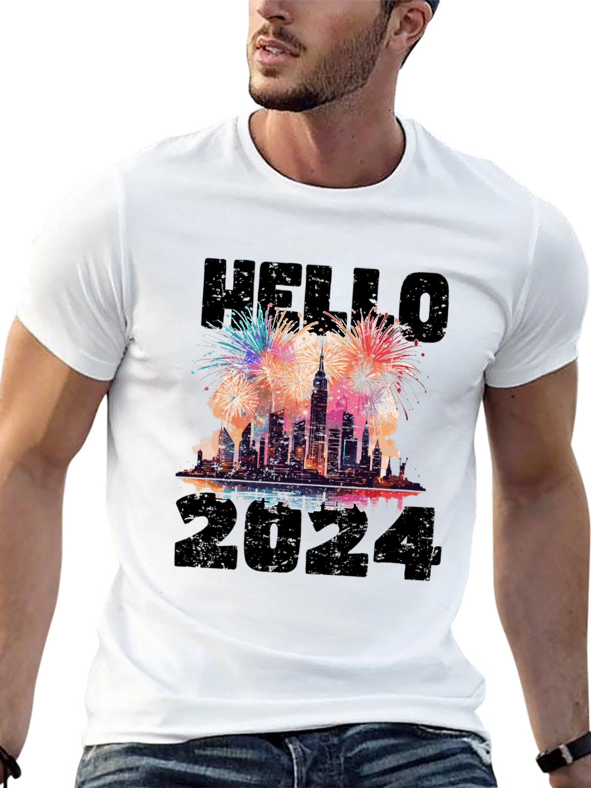 Hello 2024 New Years Eve Fireworks Graphic T-Shirt