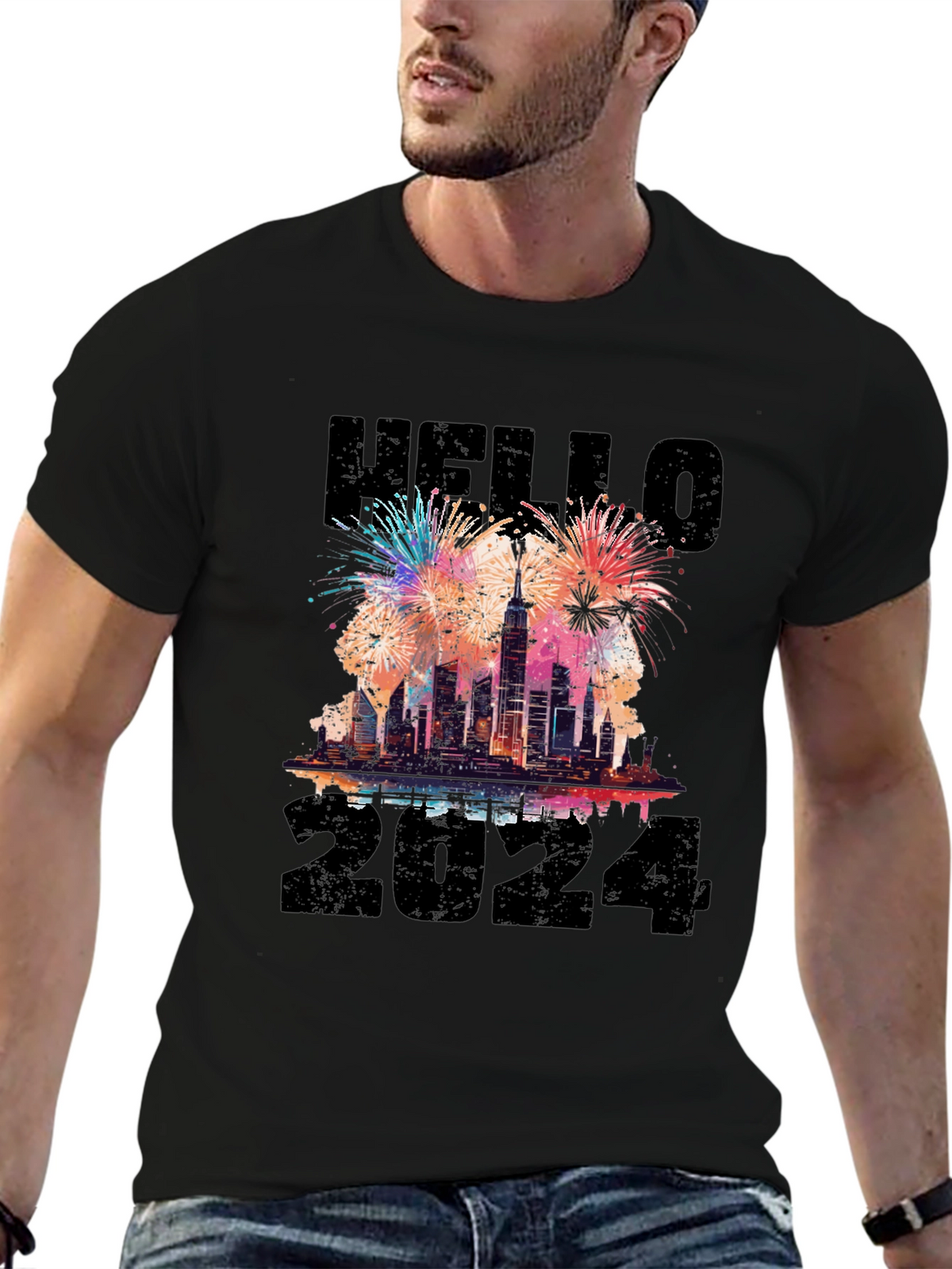 Hello 2024 New Years Eve Fireworks Graphic T-Shirt