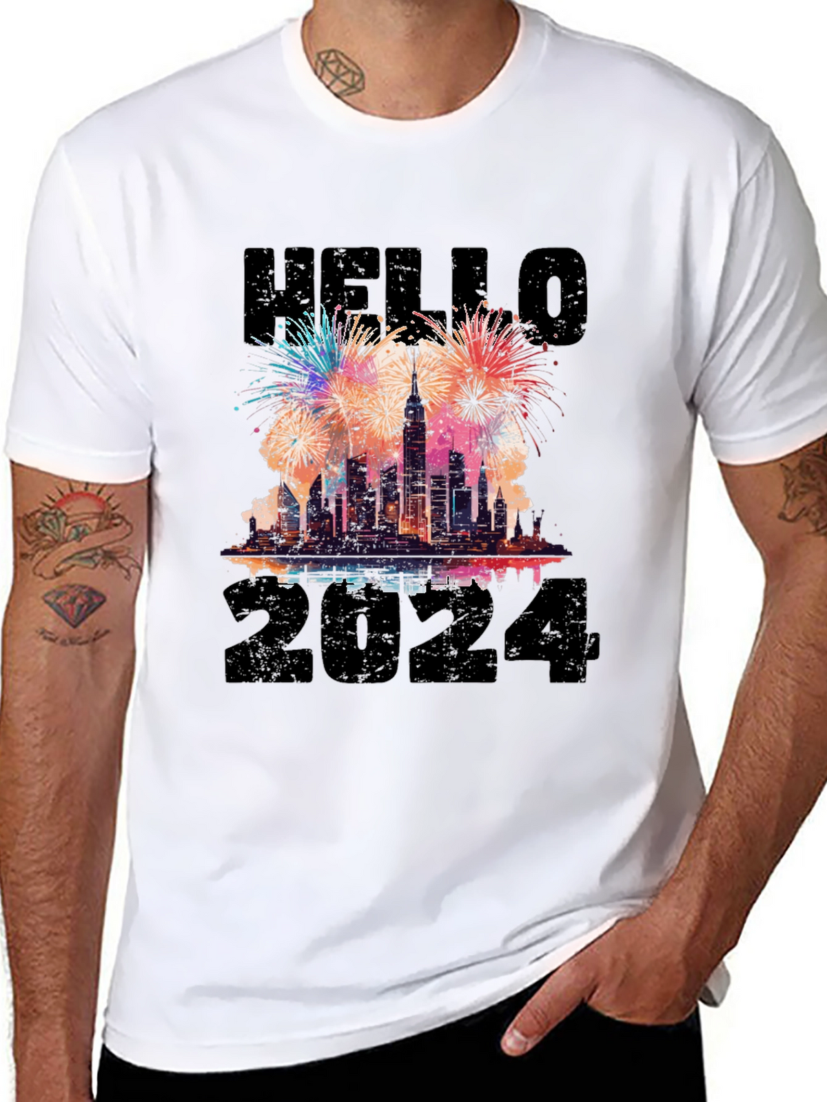 Hello 2024 New Years Eve Fireworks Graphic T-Shirt