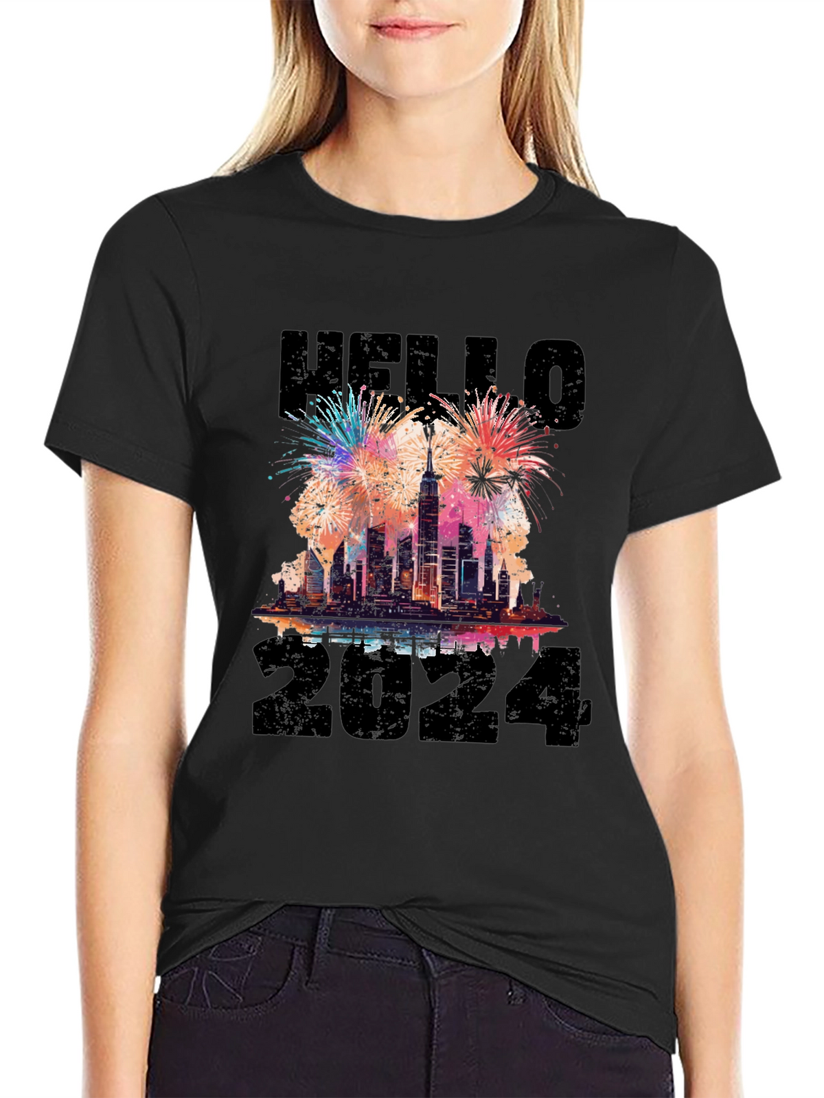 Hello 2024 New Years Eve Fireworks Graphic T-Shirt