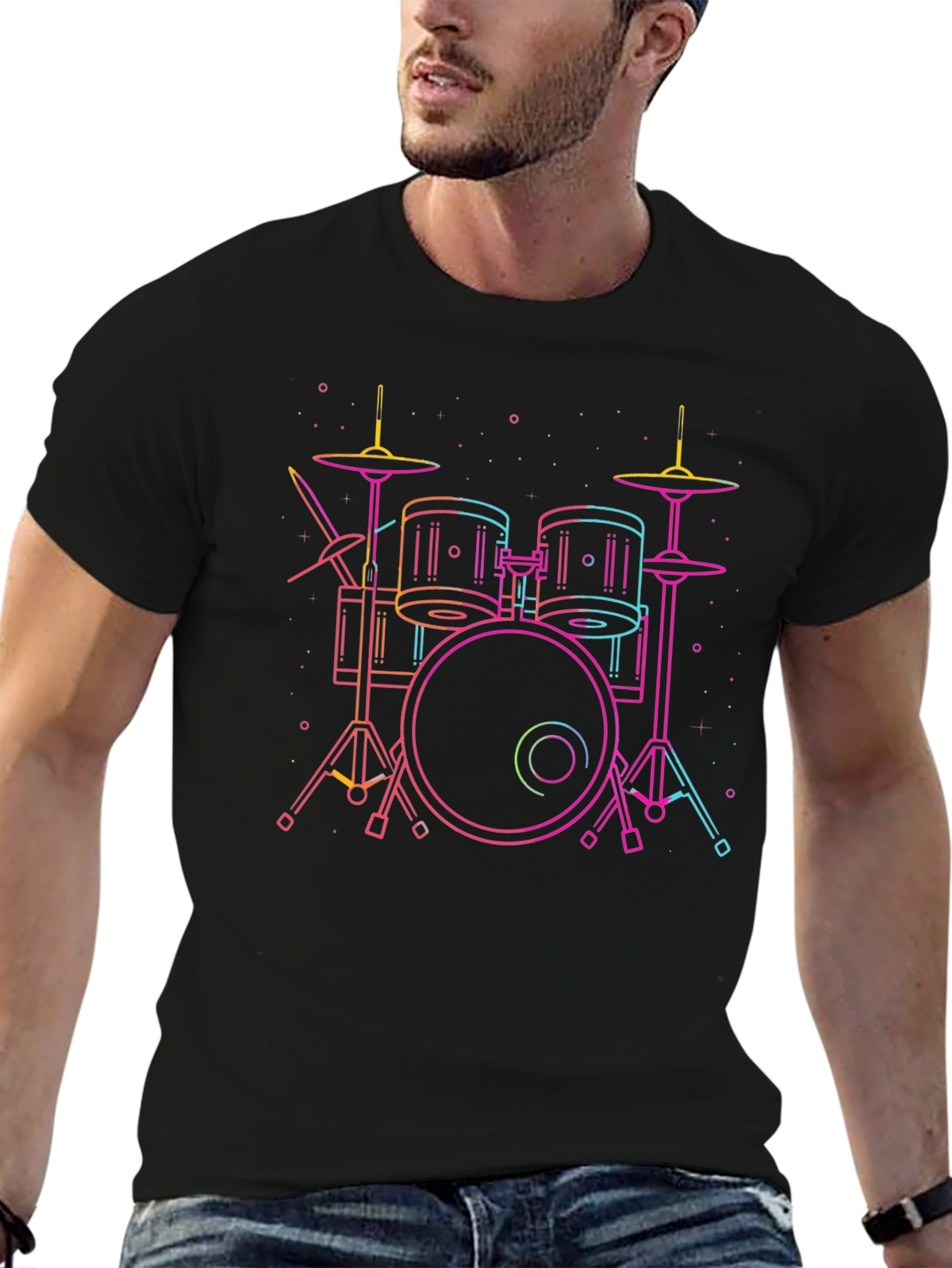 Neon Drum Set Black Tee - Music Lovers Must-Have!
